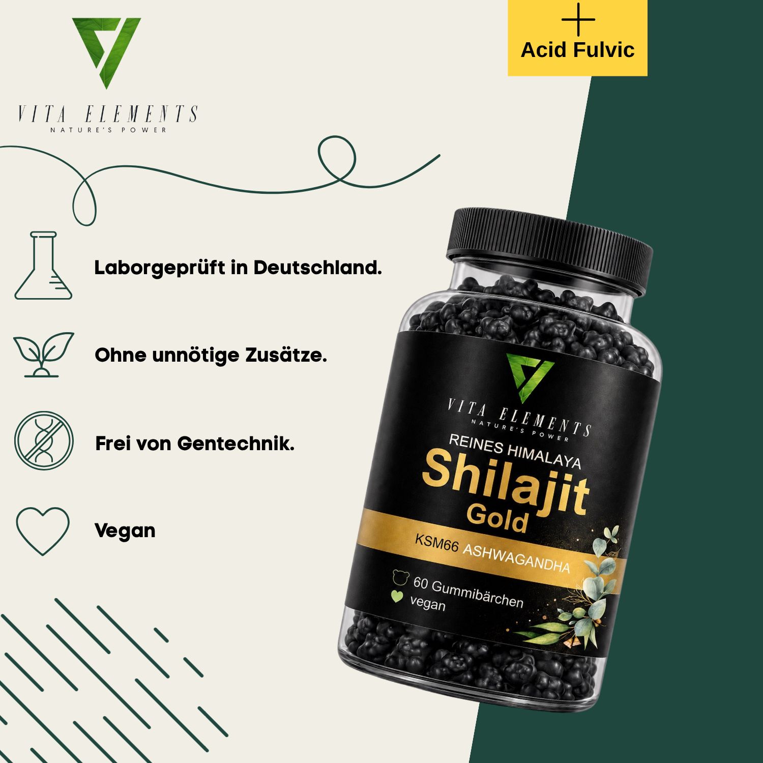 Bouteille de 60 oursons gélifiés Shilajit Gold vegan, testé en labo.
