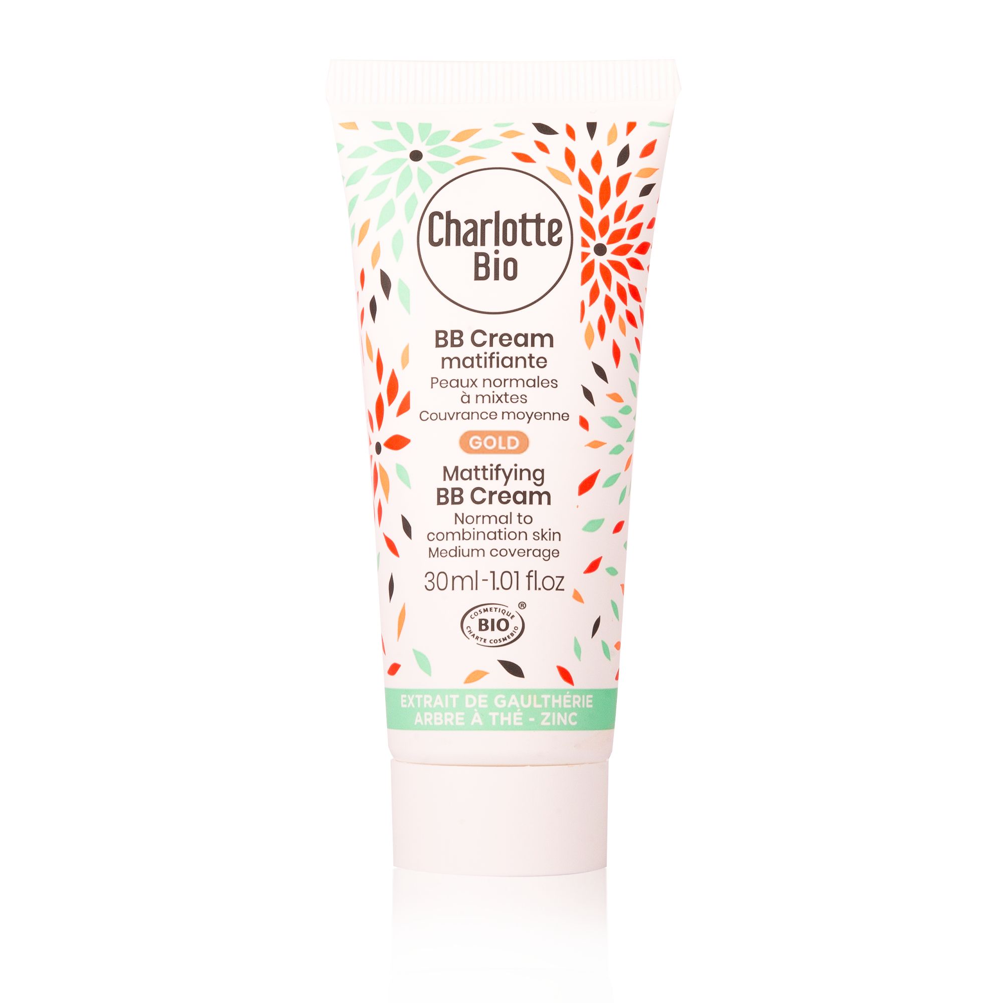 Tube Charlotte Bio BB Cream matt gold. Tekst: Mattifying BB Cream, voor normale tot gemengde huid. 30ml.