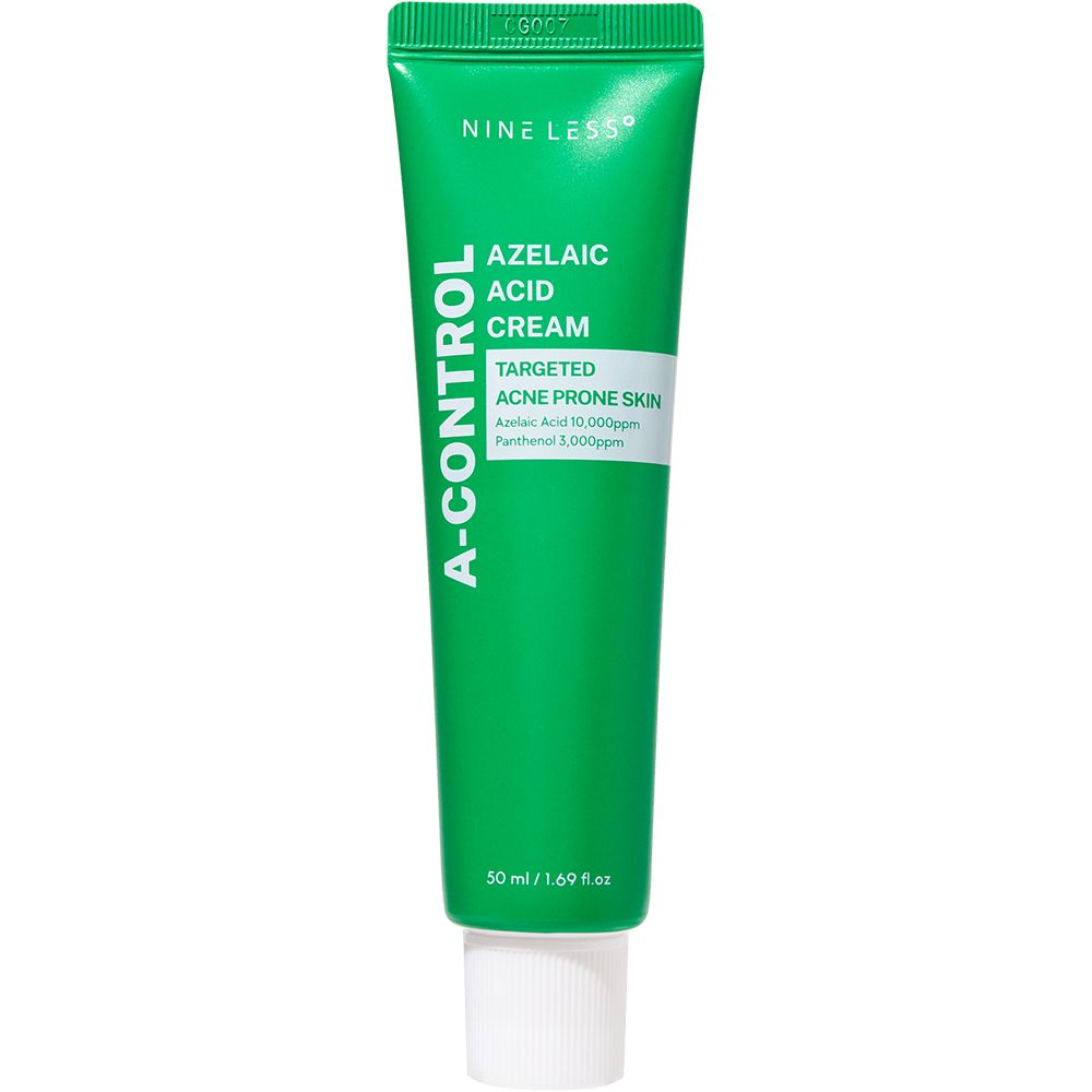 Groene tube met witte dop. Opschrift: A-Control, Azelaic Acid Cream, voor acne gevoelige huid. 50 ml.