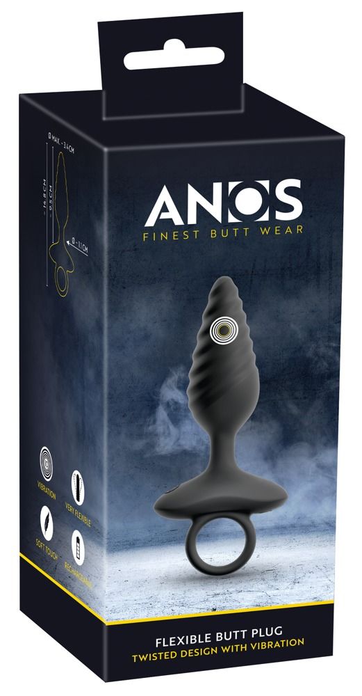 Emballage d'un bouchon anal noir en spirale avec anneau. Marque : ANOS.