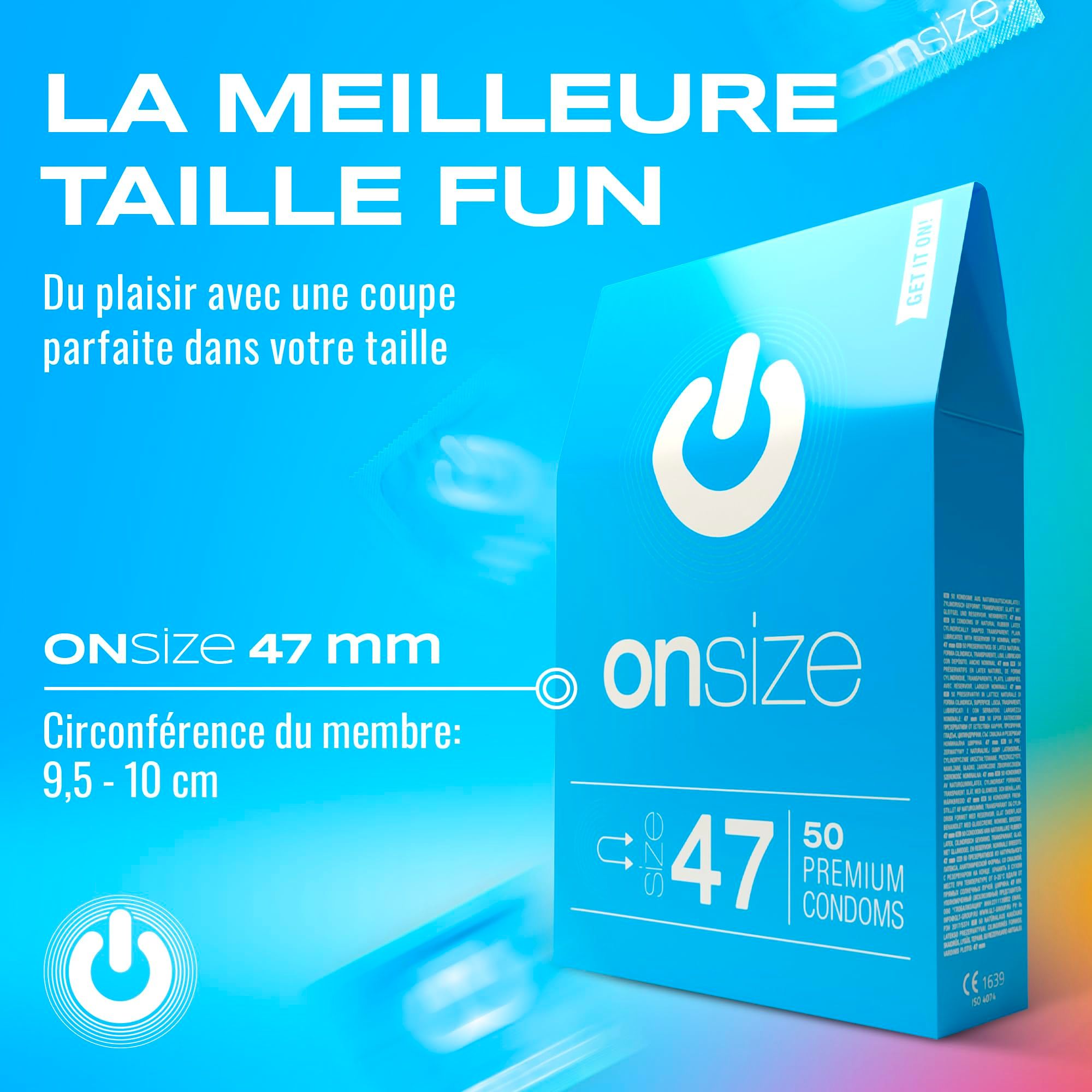 Boîte bleue ONsize, 50 préservatifs, taille 47mm.