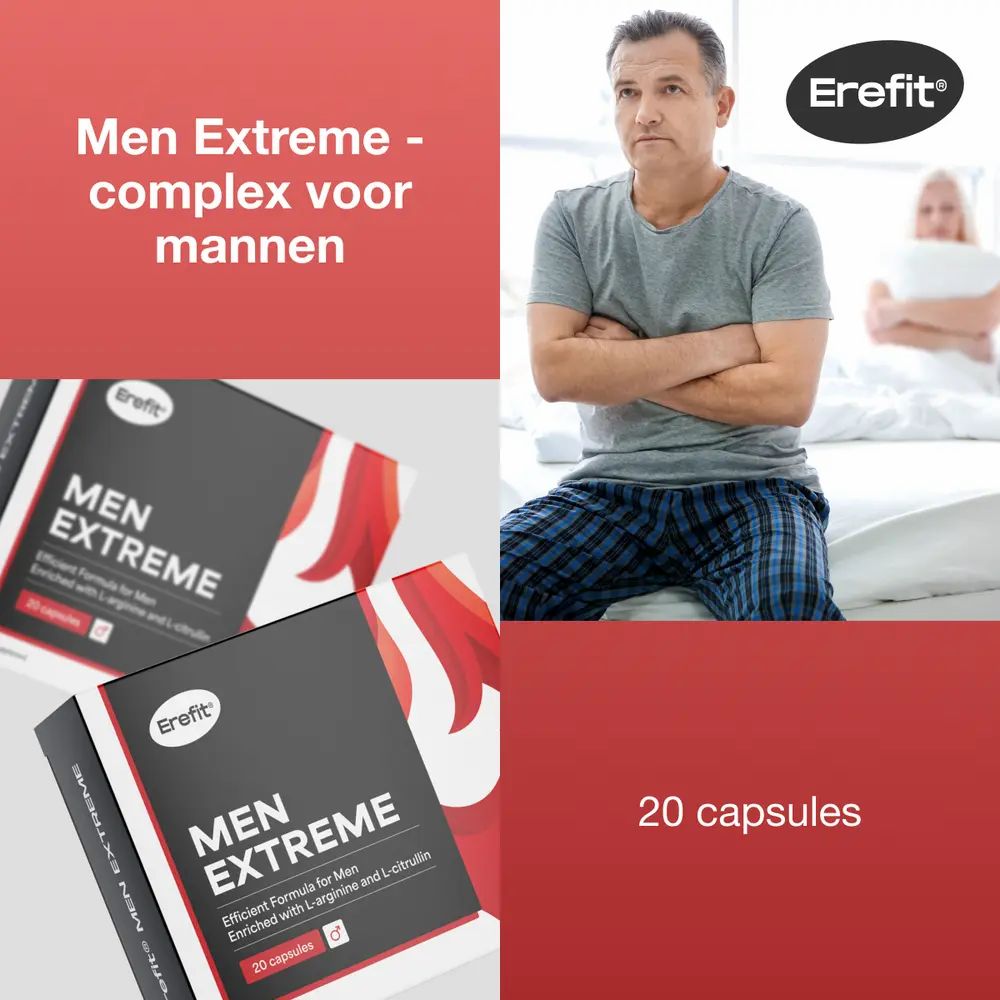 Erefit Men Extreme. Productverpakking. Tekst: Men Extreme - complex voor mannen. 20 capsules.