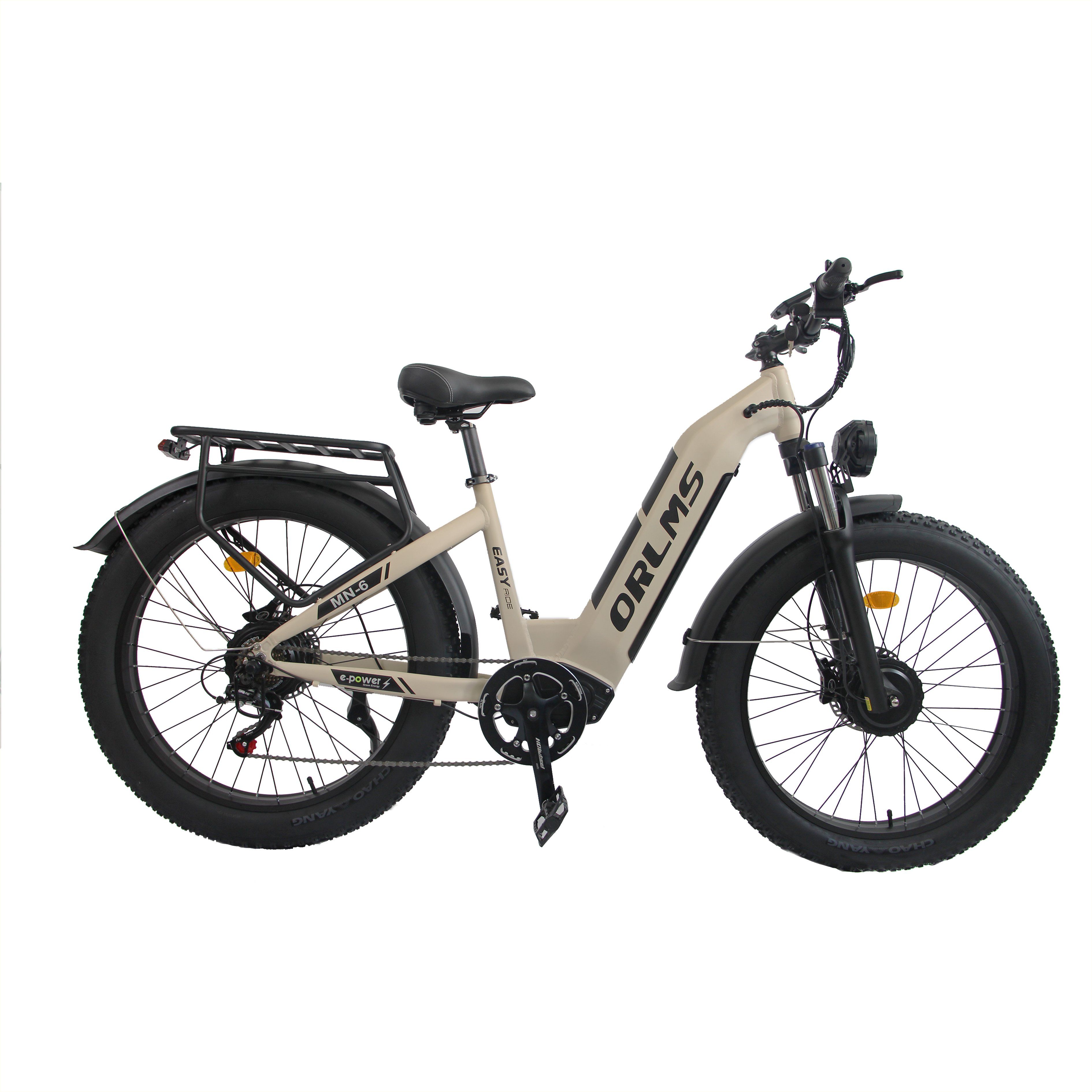 Vélo électrique beige, pneus noirs. Marque ORLMS visible.
