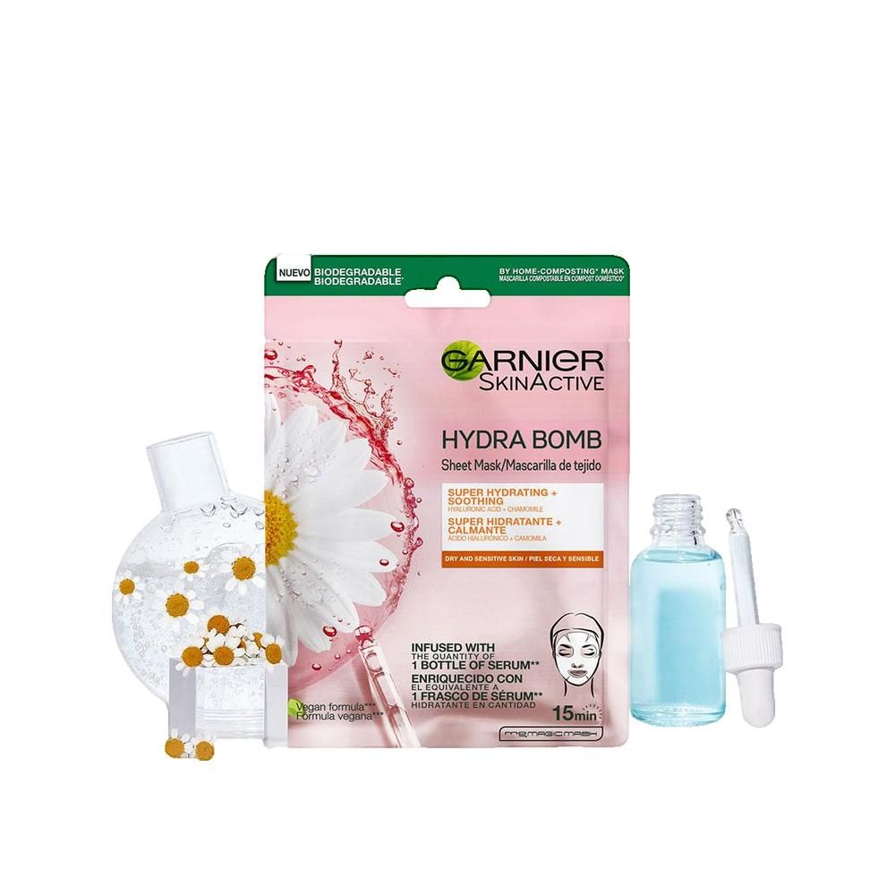 Garnier Skinactive Hydrabomb gezichtsmasker met kamille. Verpakking, serumfles en illustratie van kamillebloem.