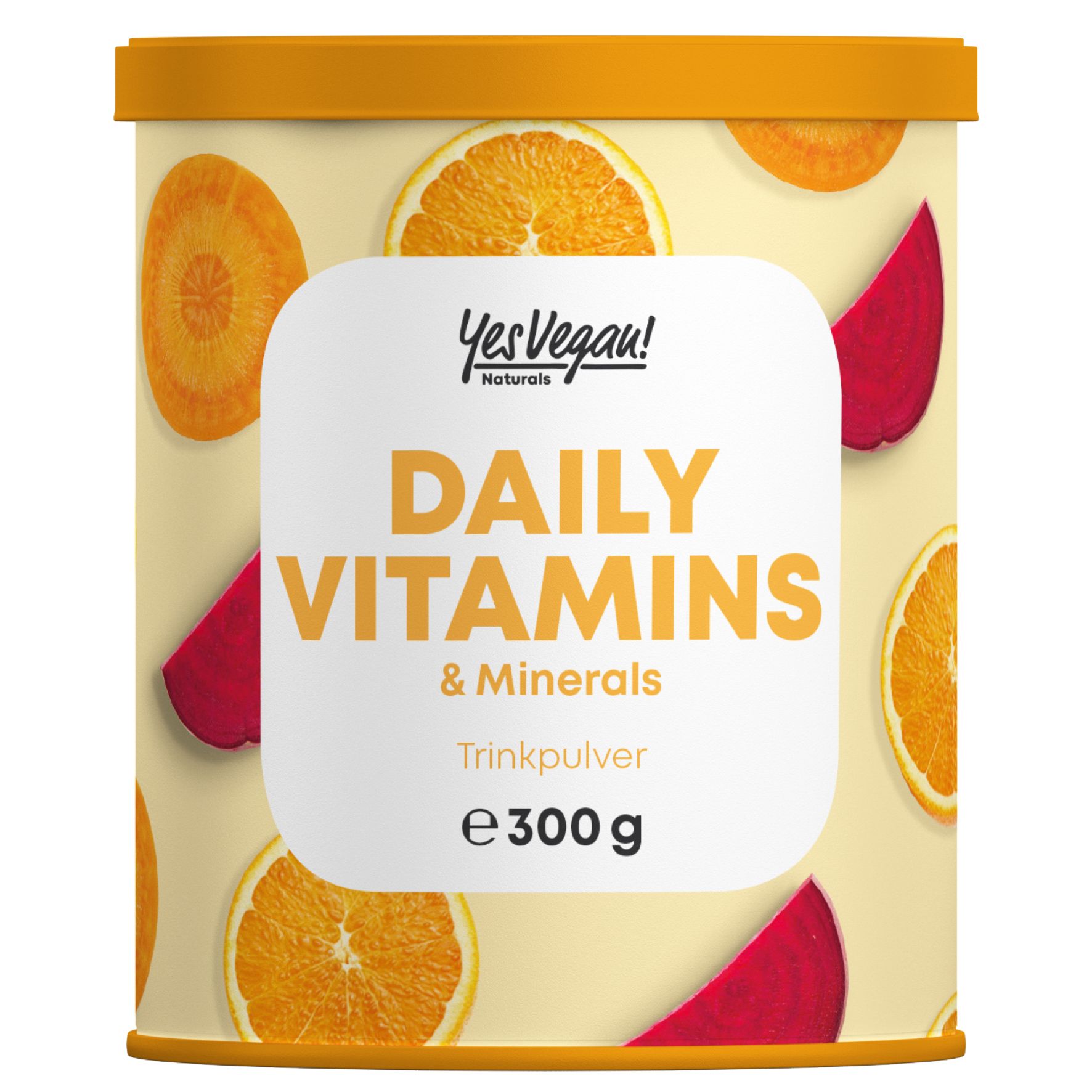 Pot met vitaminepoeder. Opschrift: Daily Vitamins & Minerals, e 300 g. Met sinaasappel- en bietenmotief.