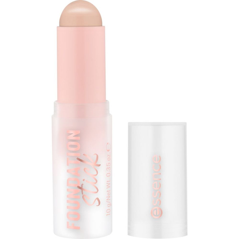 Foundation stick met open dop. De stick is roze en wit met de tekst "Foundation Stick".
