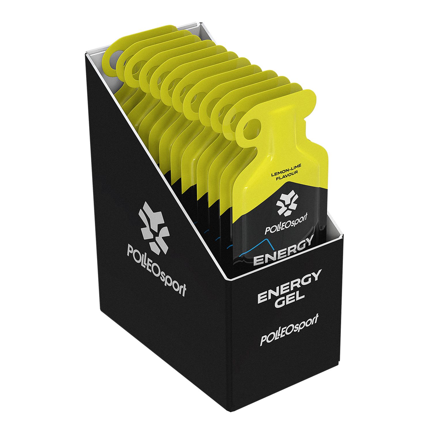 Boîte noire contenant plusieurs sachets de gel jaunes. Inscription: PolleoSport, Energy Gel, goût citron-vert.