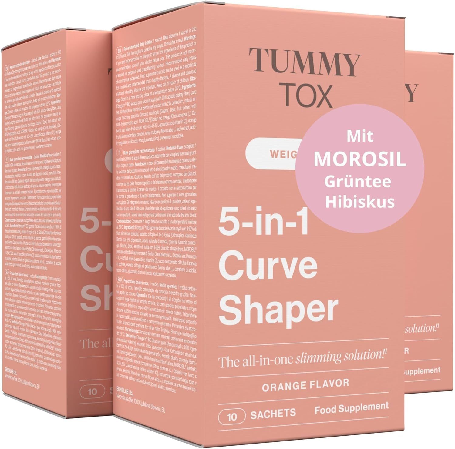 Trois boîtes de Tummy Tox 5-in-1 Curve Shaper. Avec Morosil, thé vert et hibiscus. 10 sachets, saveur orange.