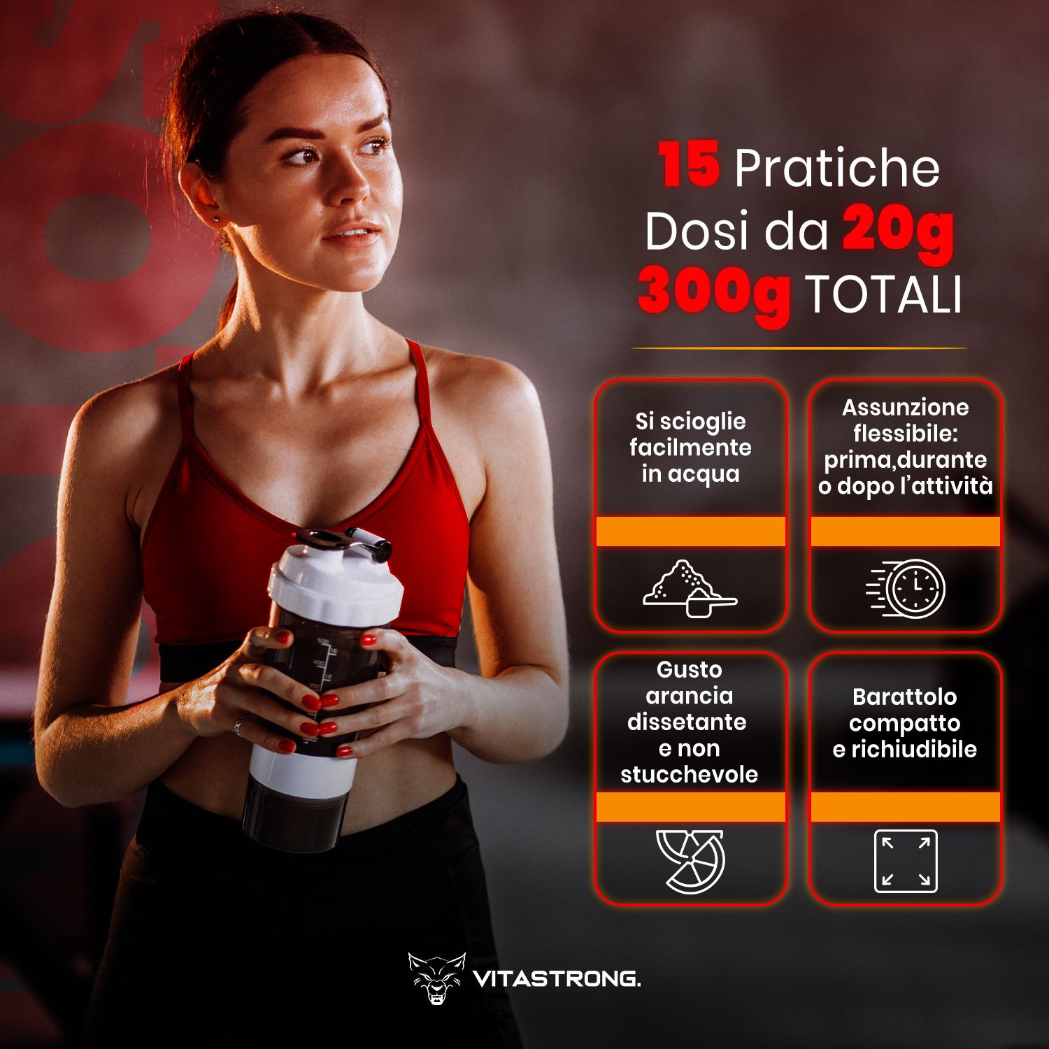 Vrouw met shaker. Tekst: 15 porties van 20g, totaal 300g. Lost gemakkelijk op in water, sinaasappelsmaak. Compacte verpakking.