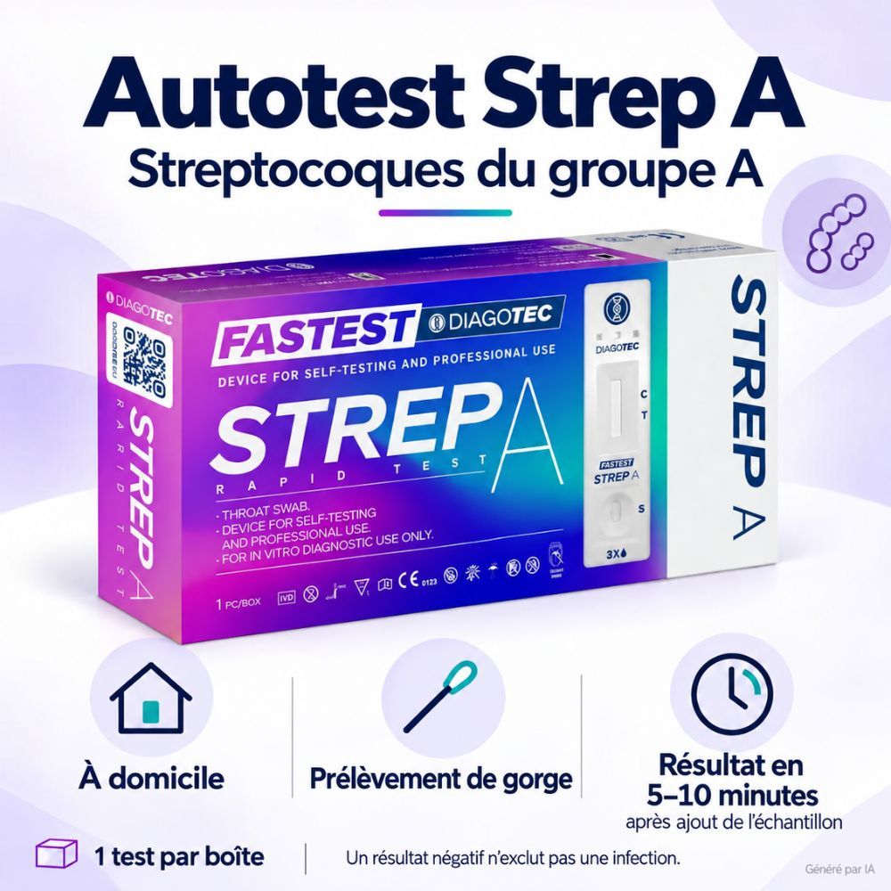 Boîte de test rapide pour streptocoques du groupe A pour usage domestique.