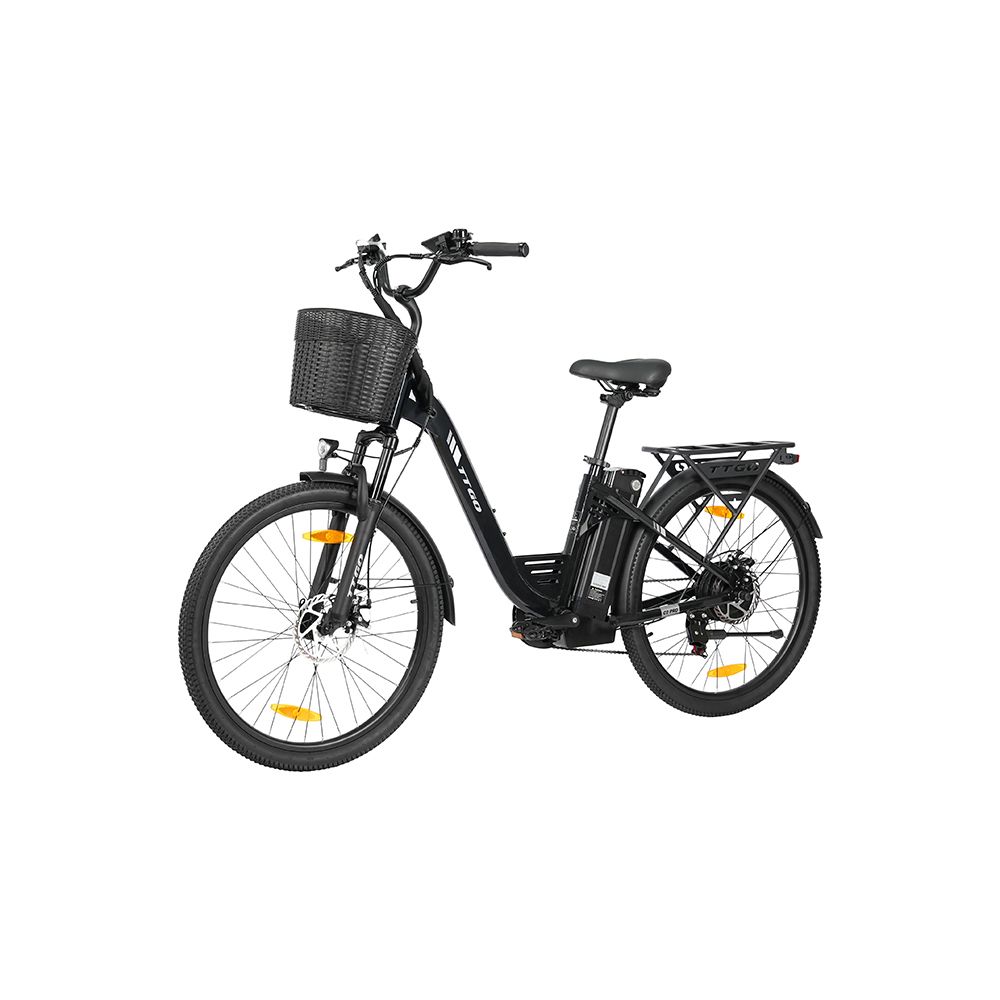 Zwarte TTGO C2 PRO e-bike. Mand voor, bagagedrager achter. Shimano 7 versnellingen. Accu op frame.