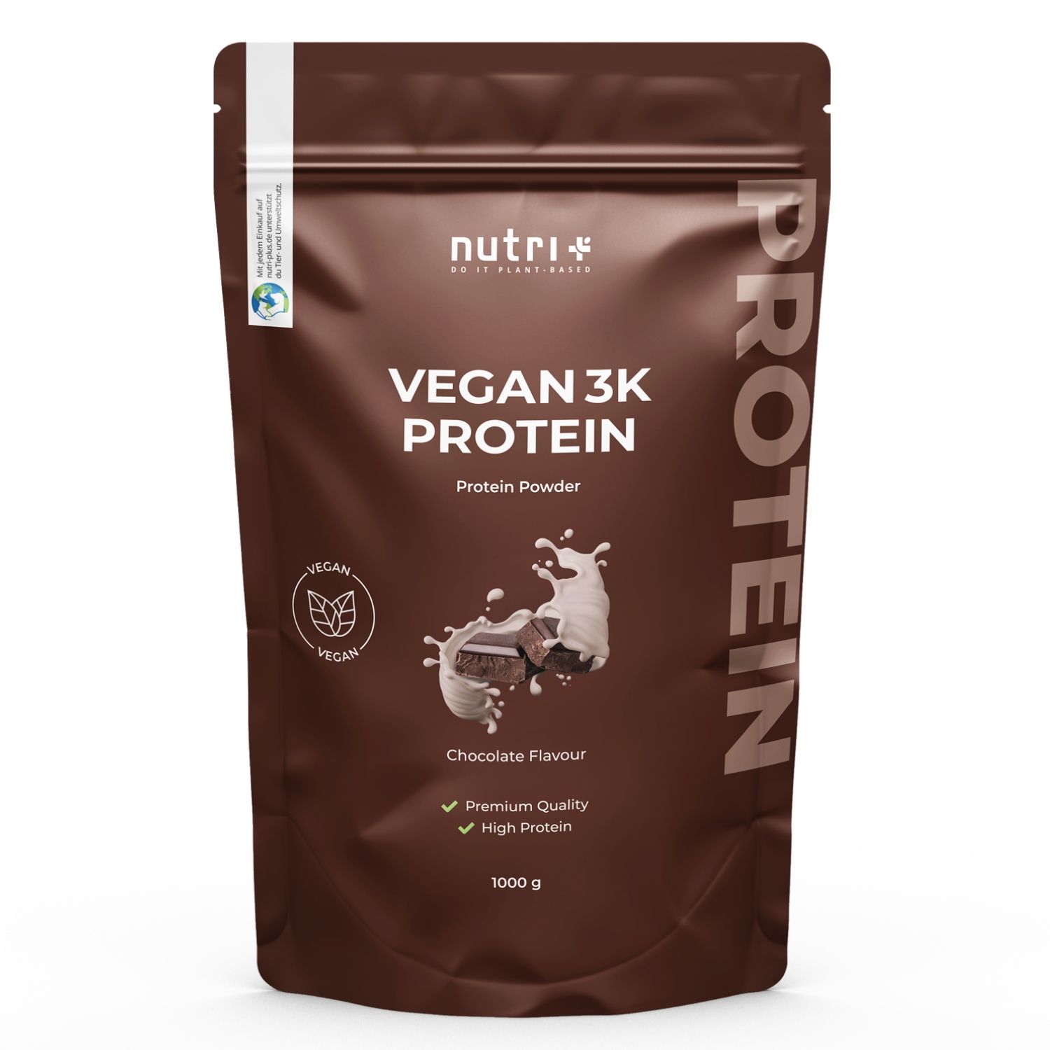 Bruine zak met "VEGAN 3K PROTEIN". Chocoladesmaak. 1000 g. Vegan-zegel.