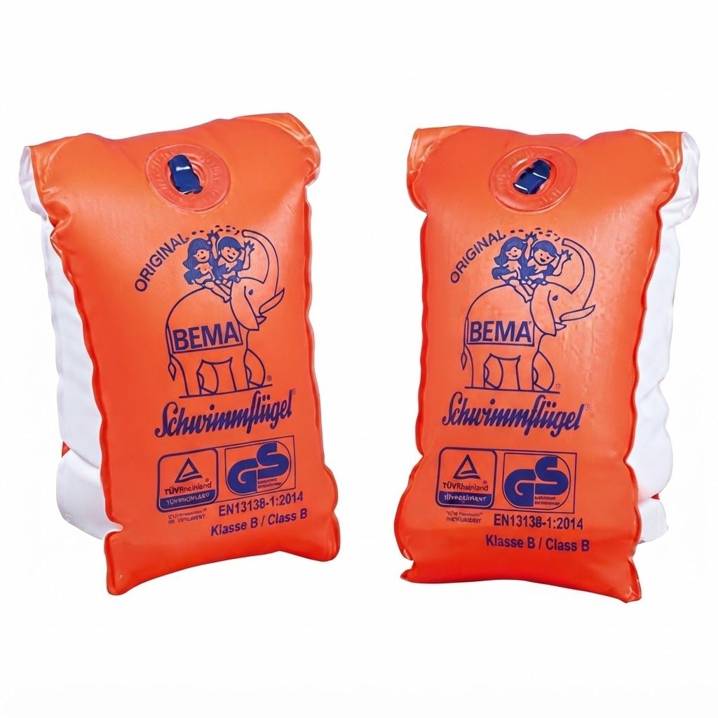 Twee oranje zwemvleugels met olifantmotief, BEMA-opschrift en keurmerken zoals GS en EN 13138-1.