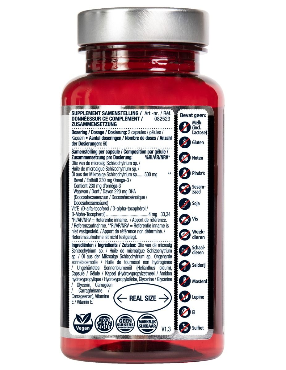 Achterkant fles. Bevat informatie over ingrediënten, dosering en voedingswaarden. Vegan keurmerk.