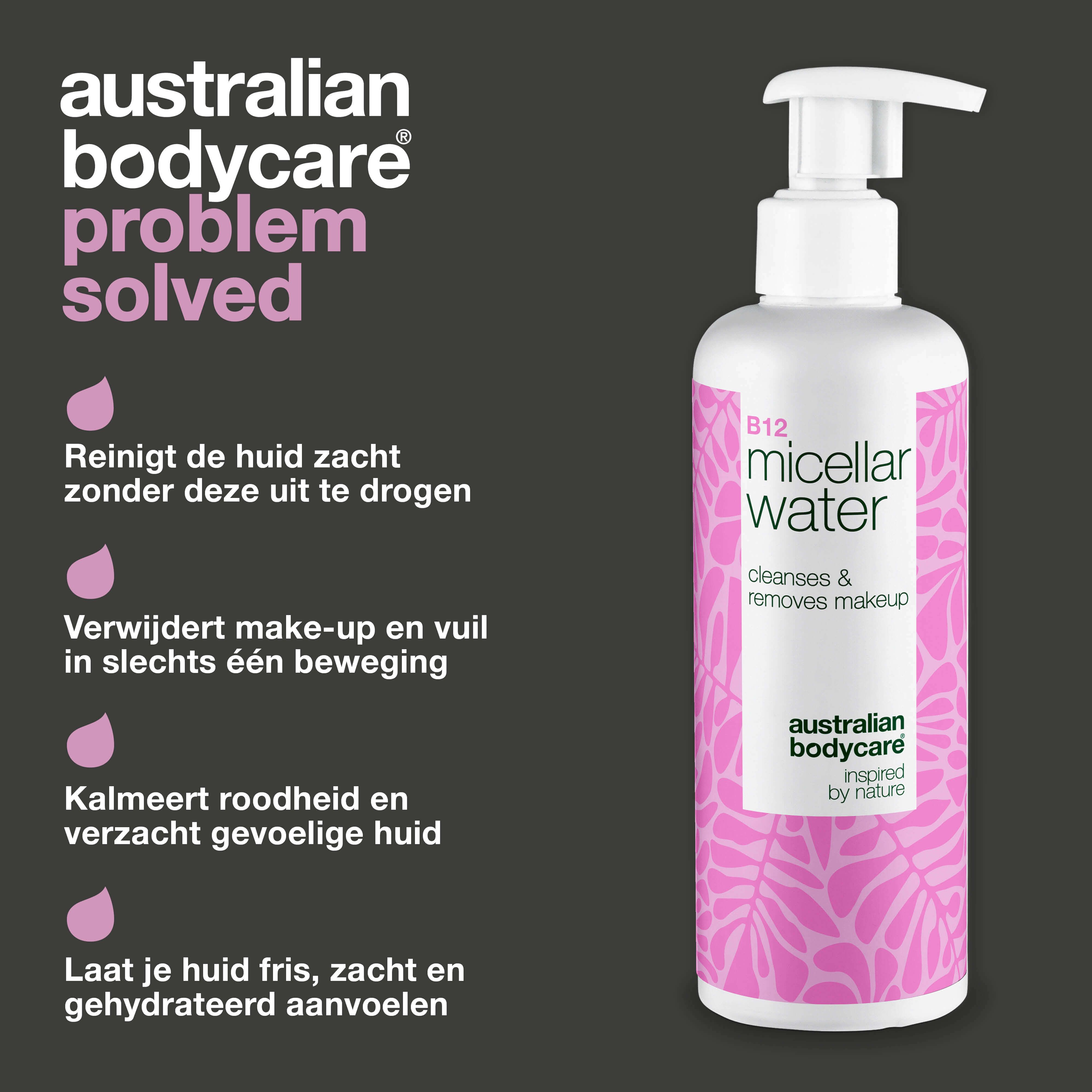 Fles B12 Micellar Water. Tekst: Reinigt, verwijdert make-up, kalmeert, verzacht. Merk: Australian Bodycare.