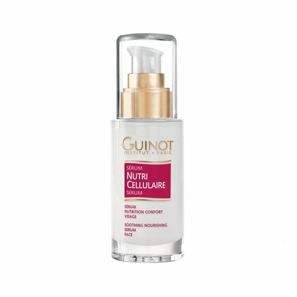 Guinot Serum Nutri Cellulaire. Witte fles met pomp, gouden ring, rood etiket met tekst. Transparante dop.