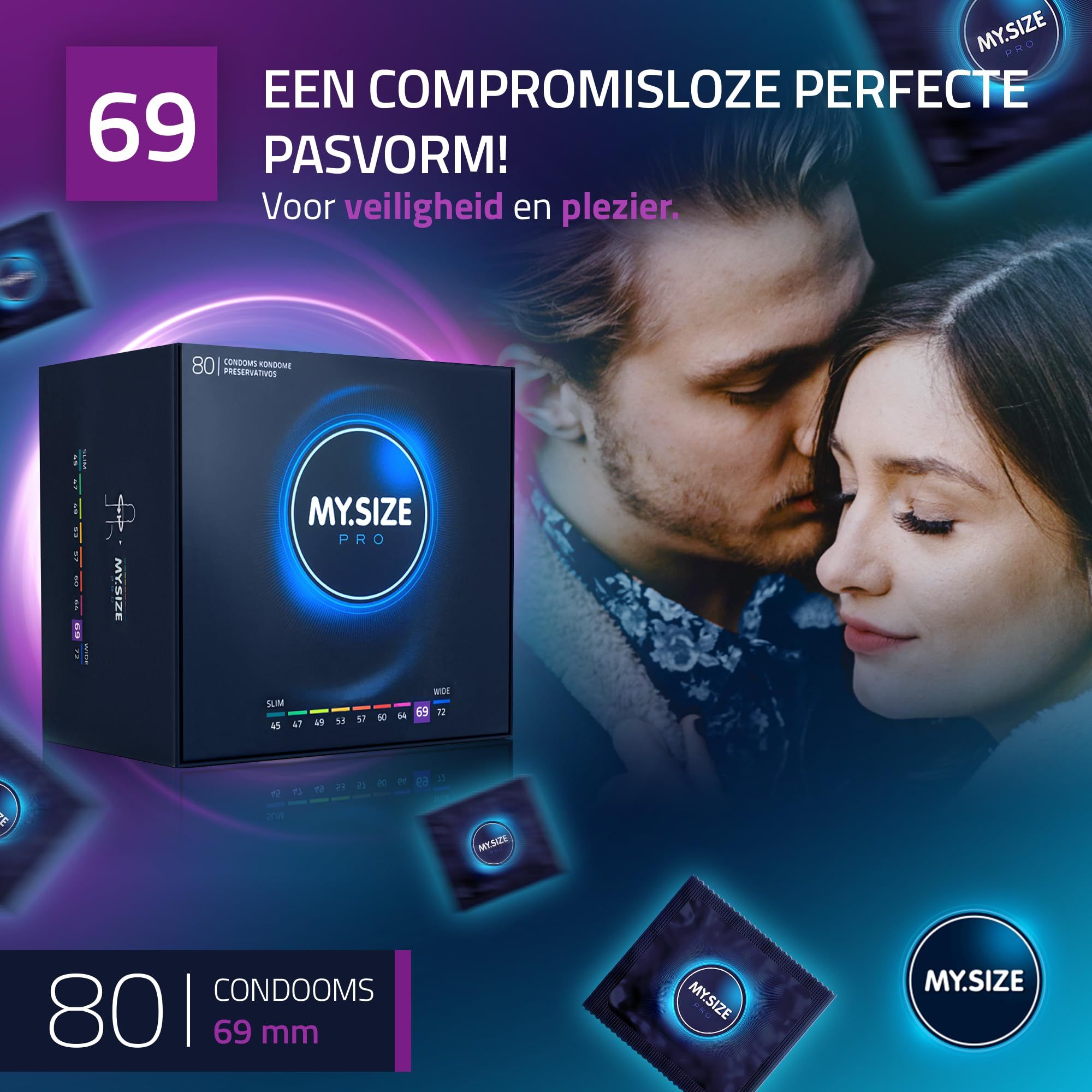 My.Size Pro condooms: 80 stuks, maat 69 mm. Uitzonderlijke kwaliteit voor functionaliteit en effectiviteit.
