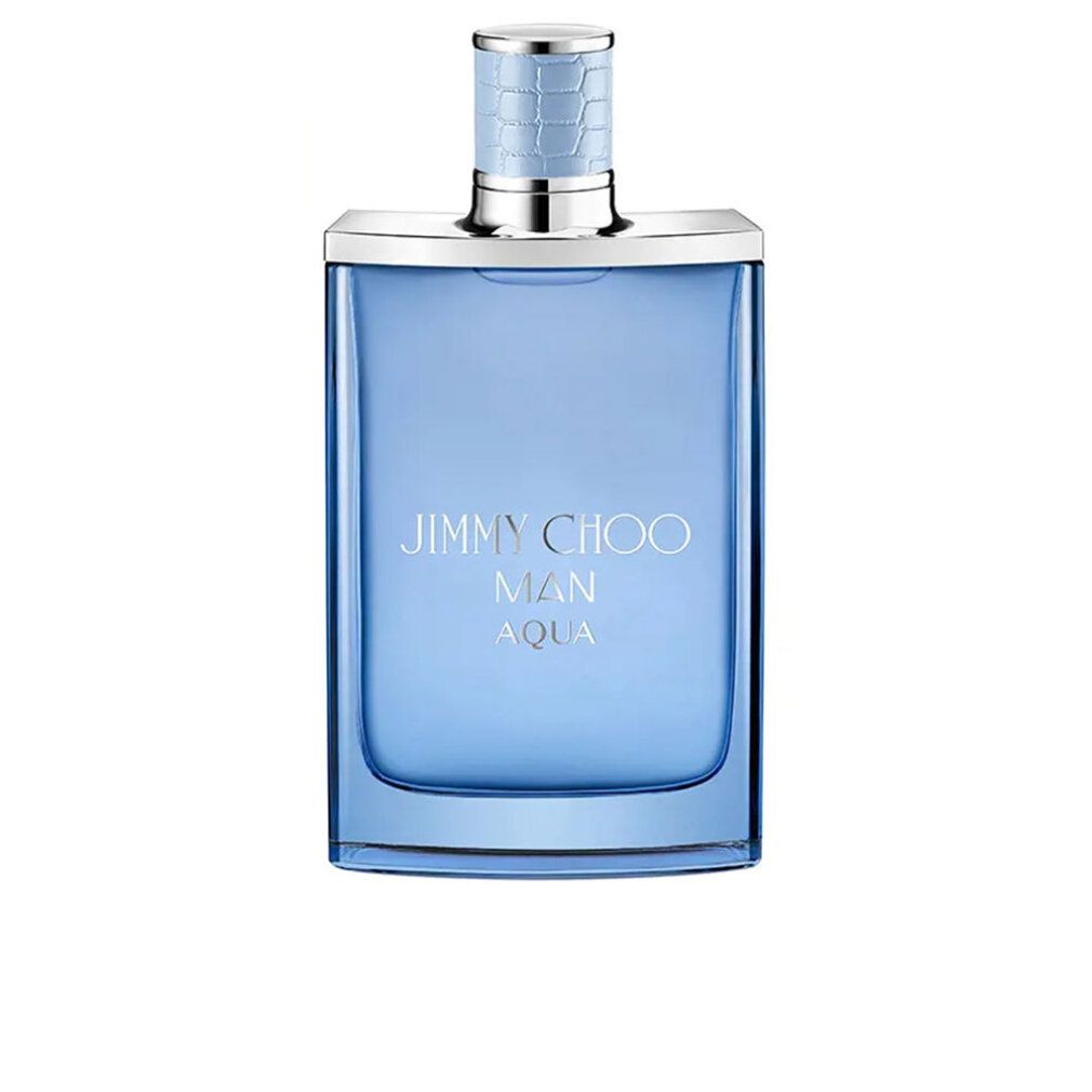 Flacon de parfum bleu clair avec bouchon argenté. Inscription: JIMMY CHOO MAN AQUA. Forme carrée.