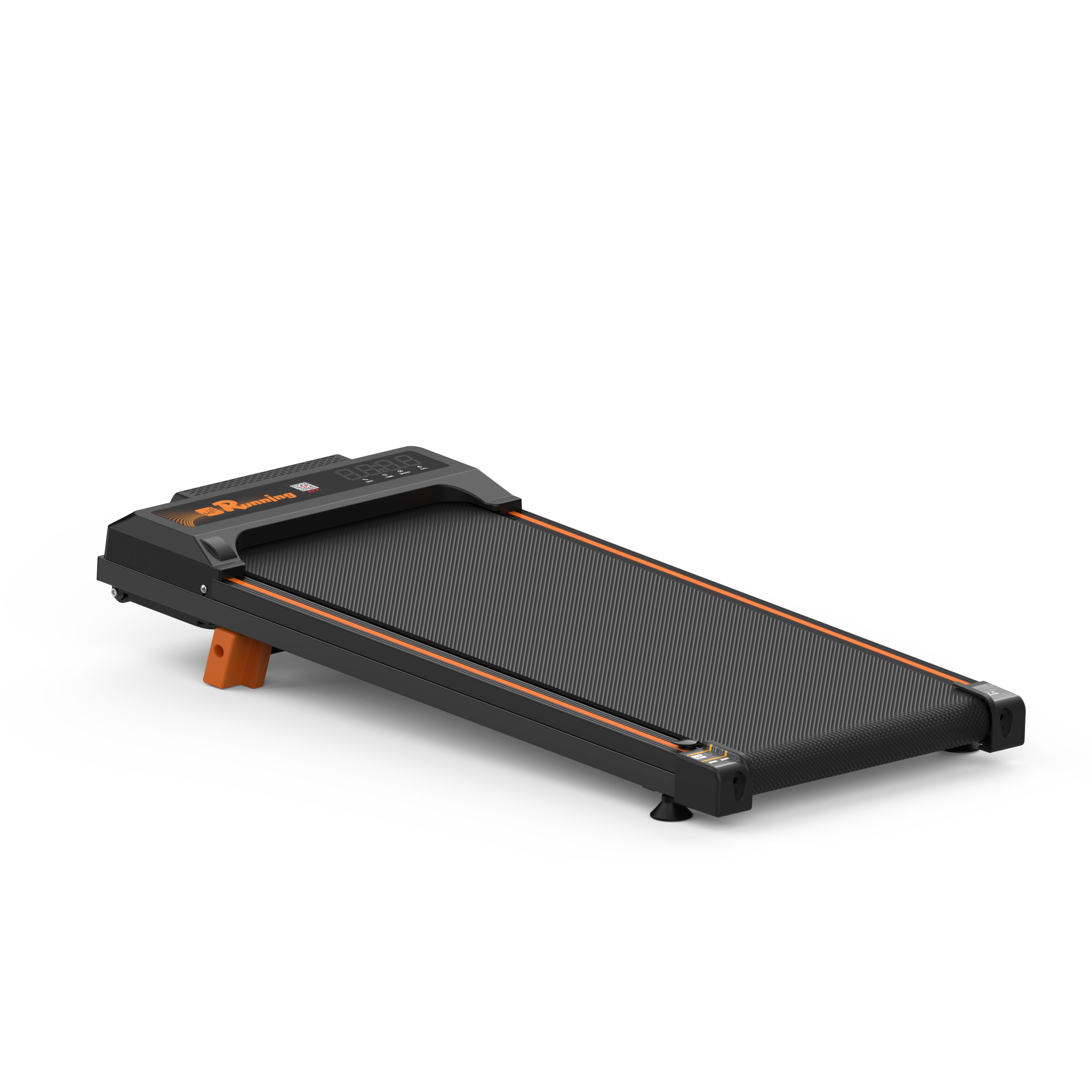 Tapis roulant noir avec accents orange. Écran LED et roulettes. Design plat.