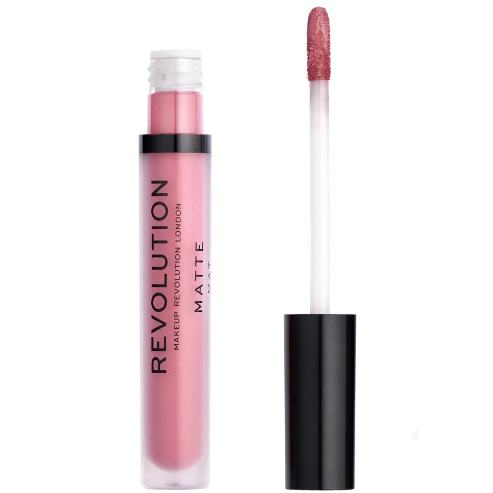 Tube de gloss rose avec applicateur. Bouchon noir, col blanc. Inscription: REVOLUTION LONDON MATTE.