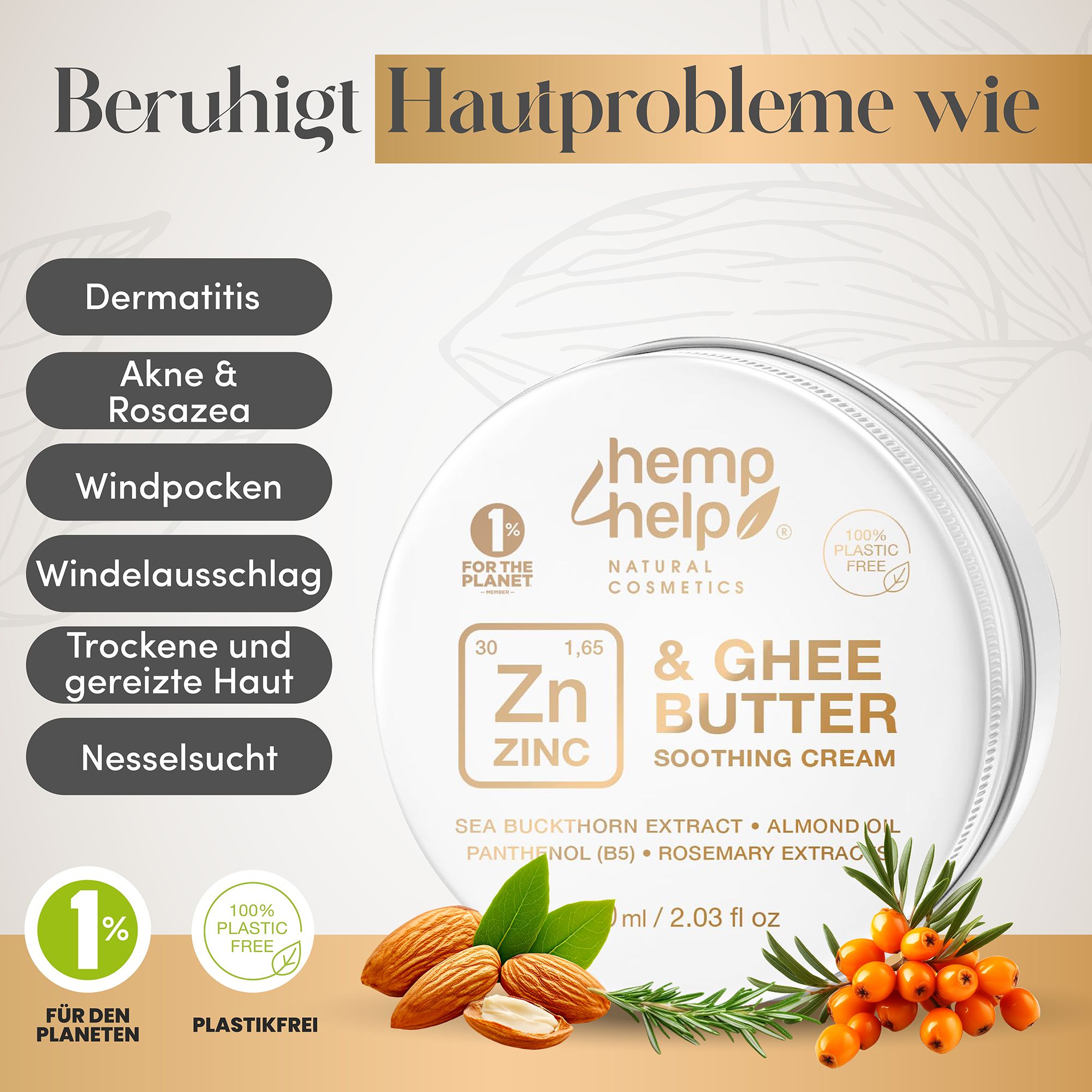 Pot de crème, amandes, argousier, romarin. Texte: Apaise les problèmes de peau comme: Dermatite, acné, varicelle, etc.