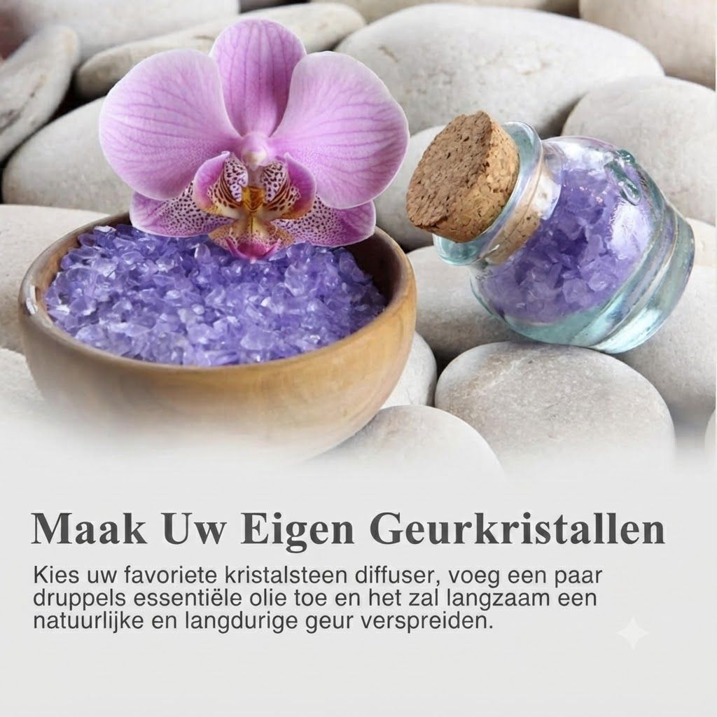 Een houten schaaltje met paarse kristallen en een orchidee, ernaast een klein glazen flesje met paarse kristallen.