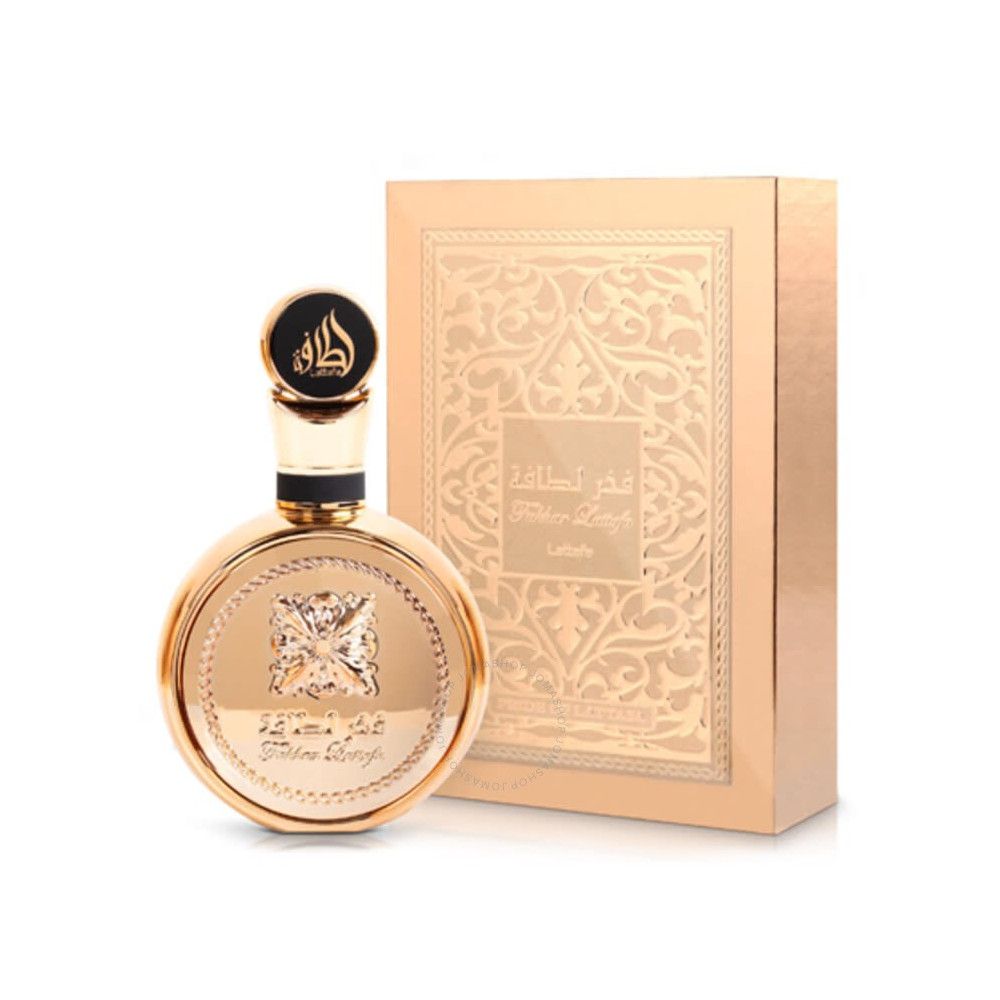 Gouden fles en verpakking. Ronde fles, zwarte dop. Rechthoekige verpakking, Arabische tekens.