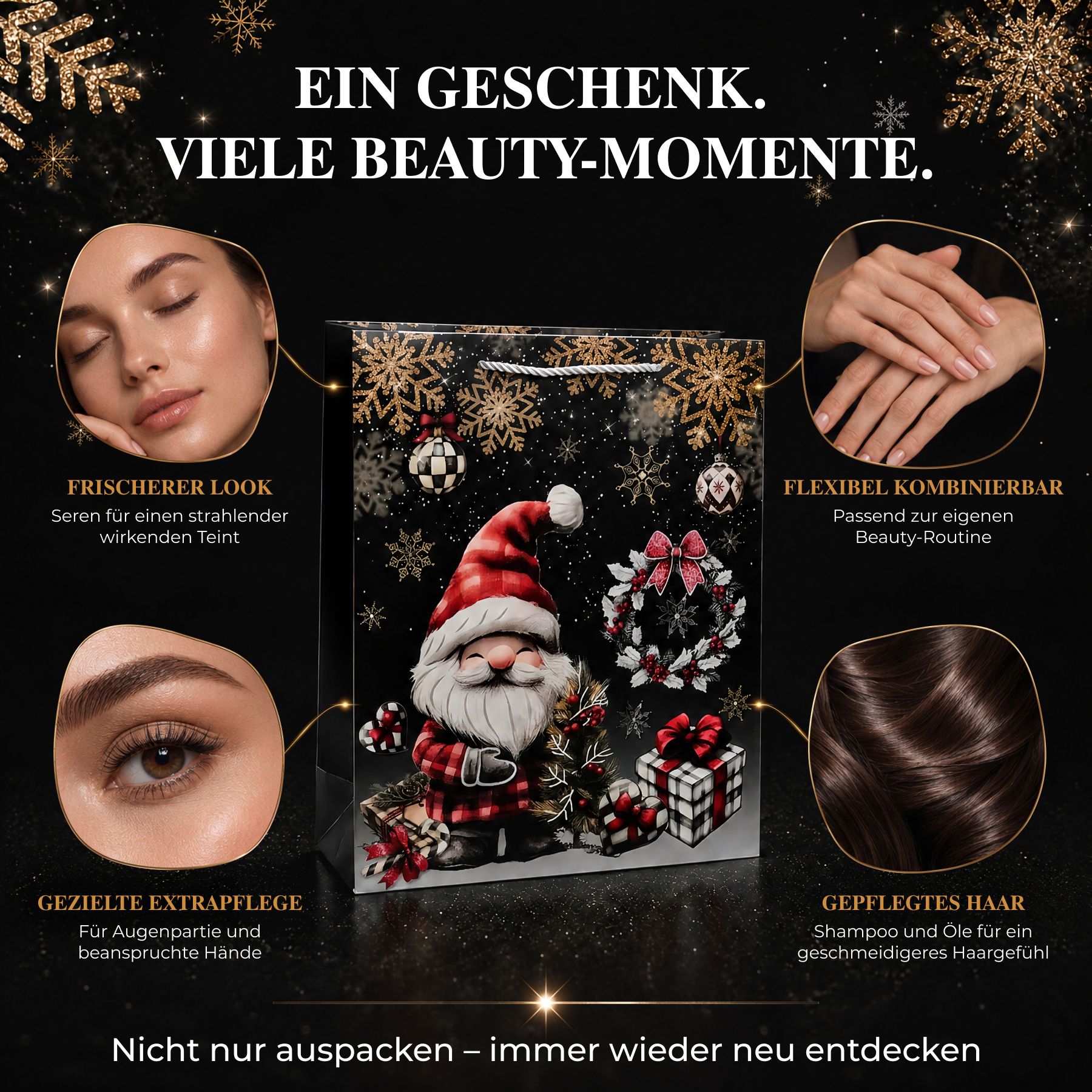 La collage montre des produits de soin pour le visage et les mains d'un coffret cadeau beauté, design de Noël.