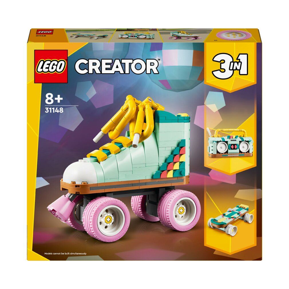 LEGO Creator 3in1. Retro rolschaats van LEGO-stenen. Roze wielen, gele veters. Verpakking met 3in1-logo.