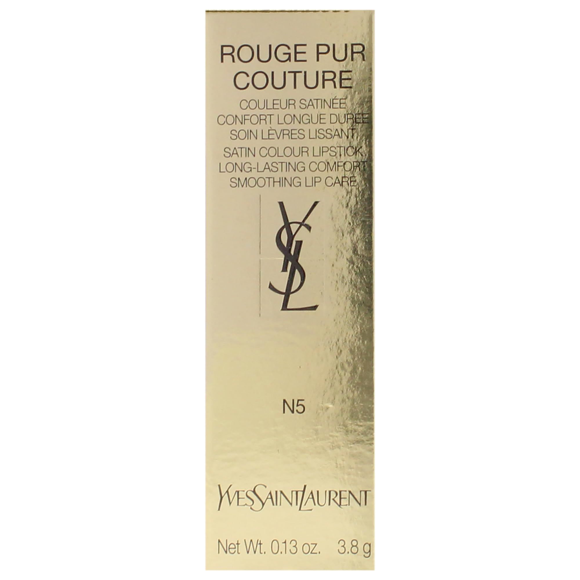 Gouden verpakking met zwart logo. Op de verpakking staat "Rouge Pur Couture" en "Yves Saint Laurent".