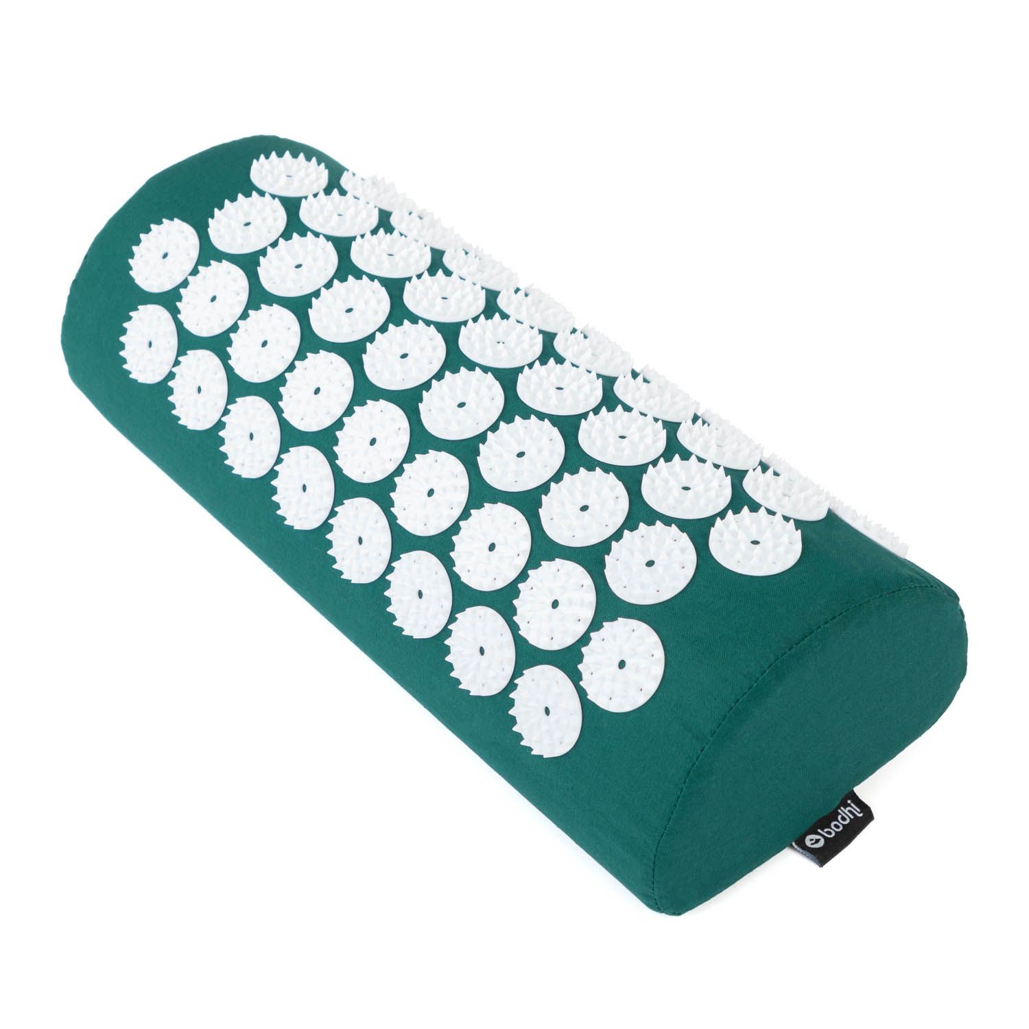 Coussin cervical vert avec picots blancs. Logo bodhi. Forme cylindrique.
