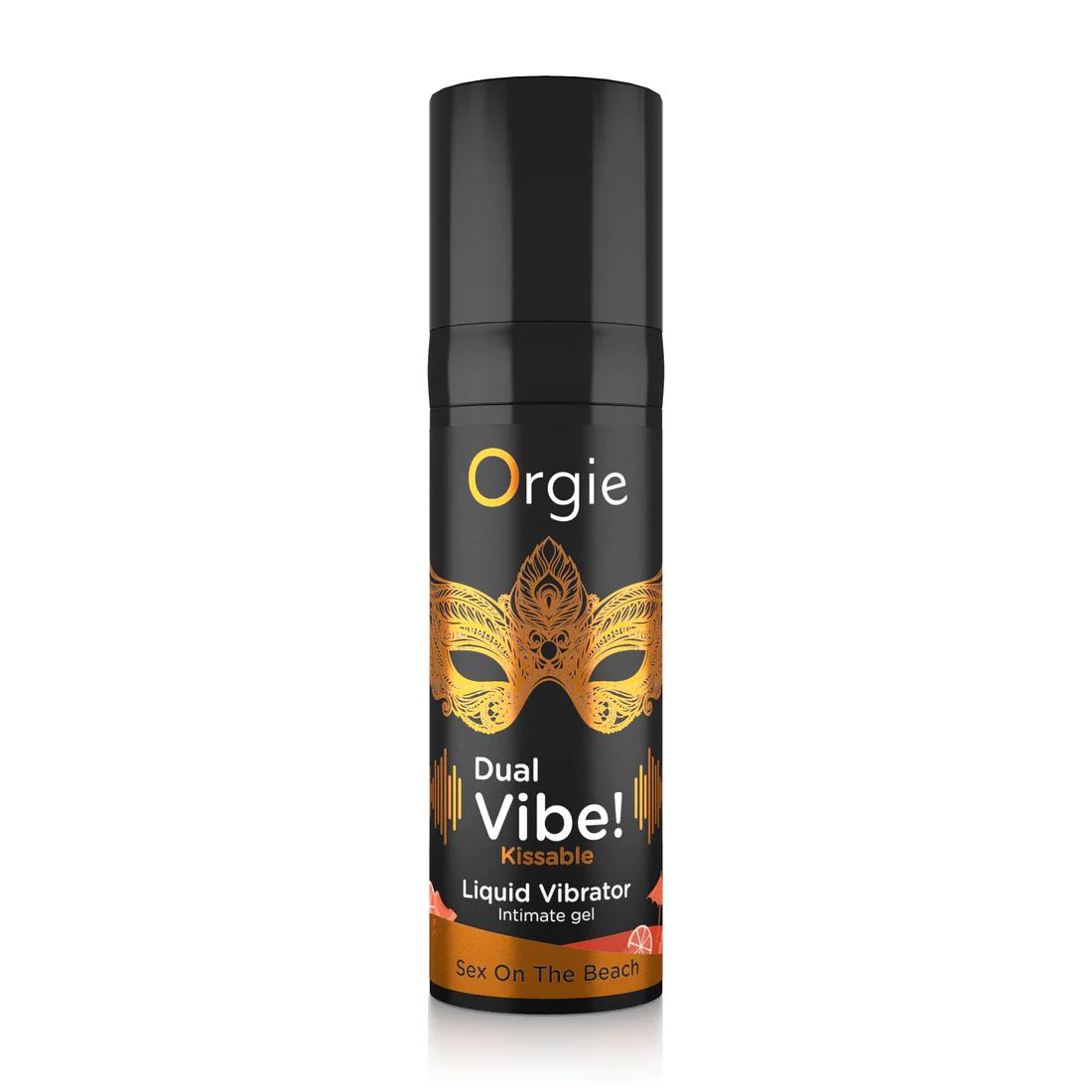 Flacon noir avec nom du produit et masque doré. Texte: Dual Vibe! Kissable Liquid Vibrator Intimate gel. Sex On The Beach.