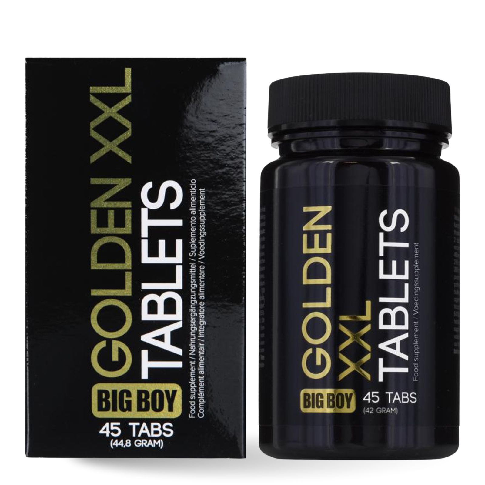 Zwarte doos en fles. Opschrift: GOLDEN XXL TABLETS, BIG BOY, 45 tabs. Voedingssupplement.