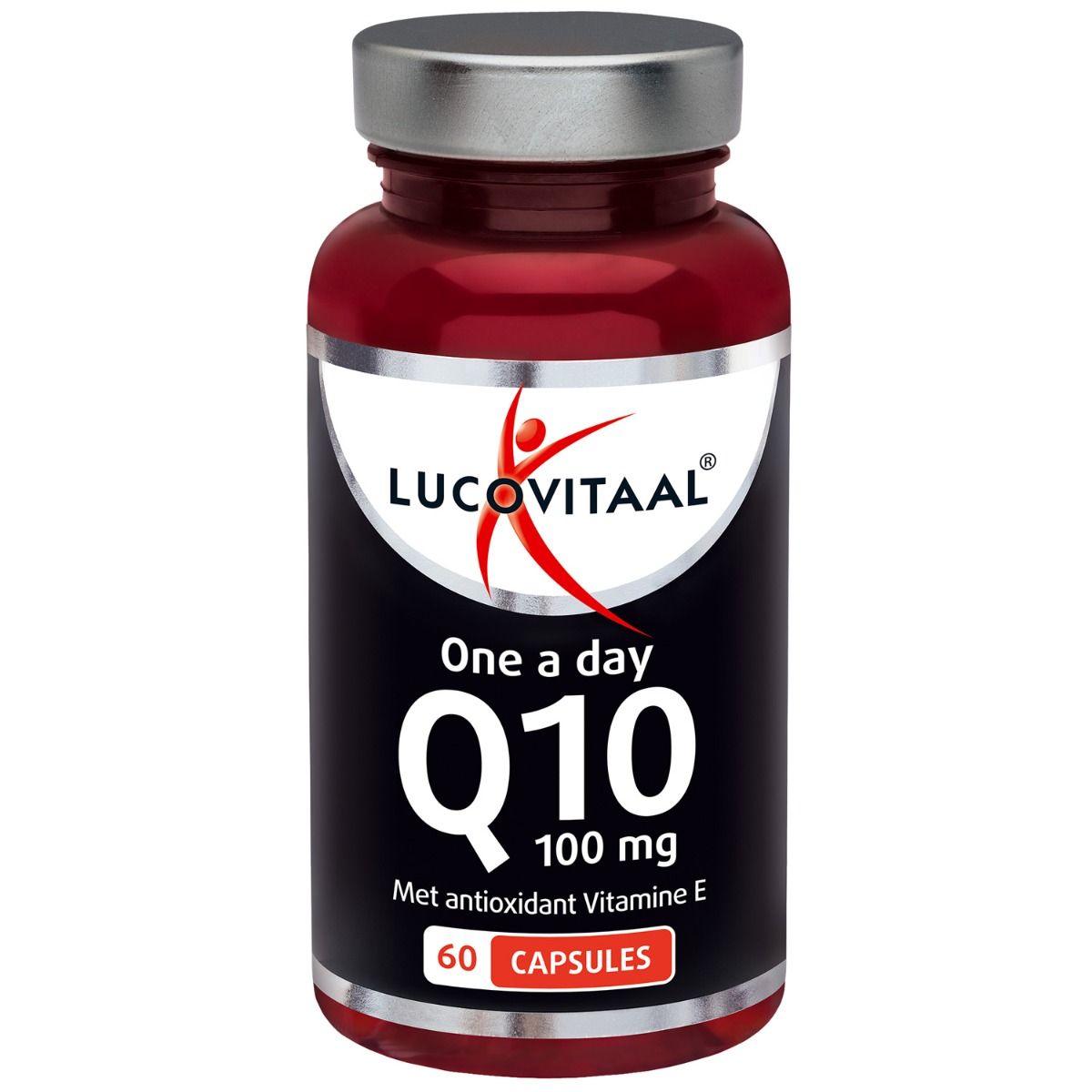 Rode fles met capsules. Opschrift: Lucovitaal, Q10, 100 mg, 60 capsules.