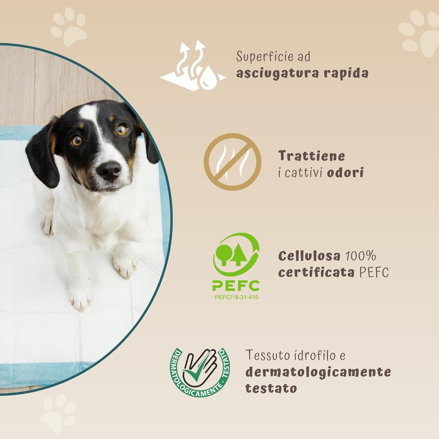 Chien assis sur une alèse bleue. Symboles de séchage rapide, contrôle des odeurs, certification PEFC et tests dermatologiques.