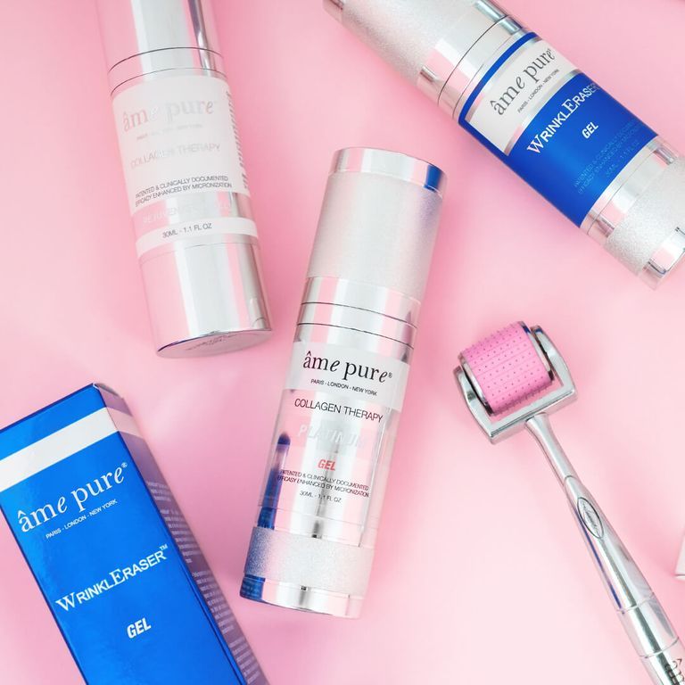 Plusieurs produits âme pure, dont le gel platine Collagen Therapy et le gel WrinkleEraser.