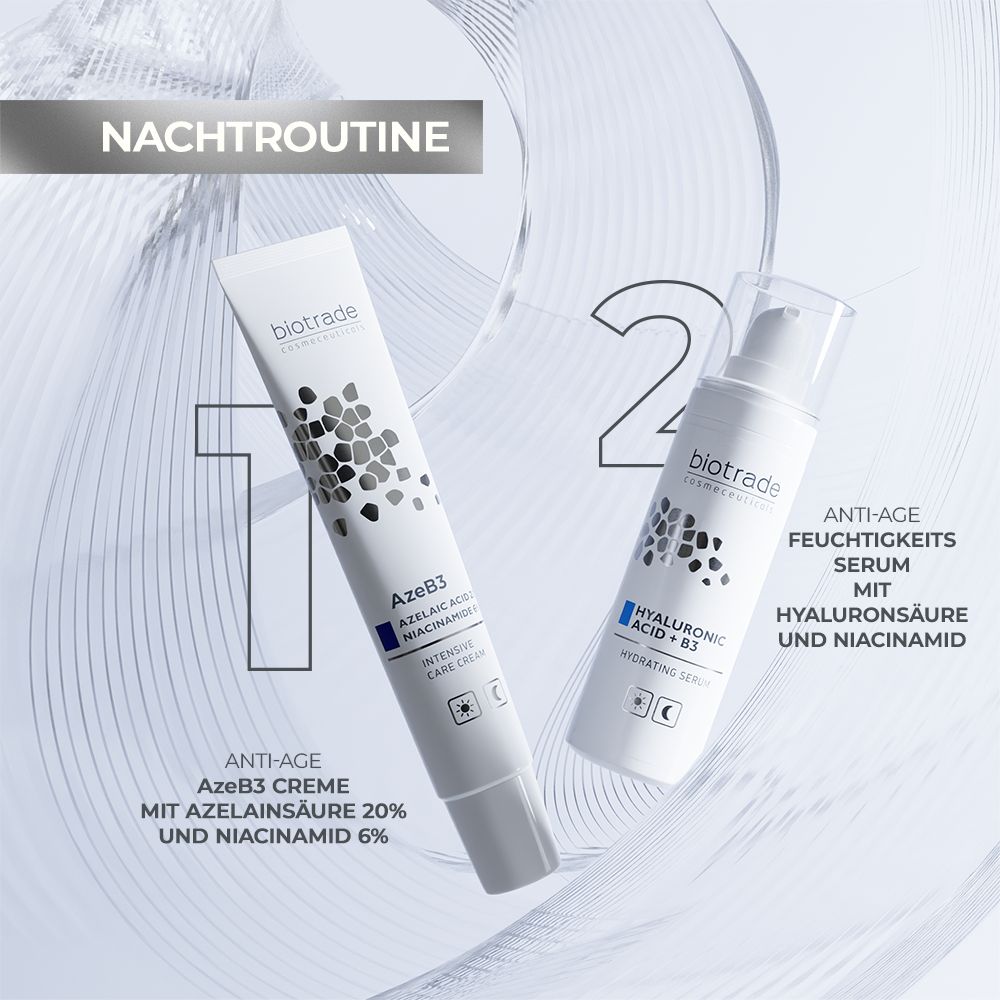 Deux produits: Tube et flacon blancs. Tube: Crème AzeB3. Flacon: Sérum Hyaluronique + B3. Les deux avec noms de produits.