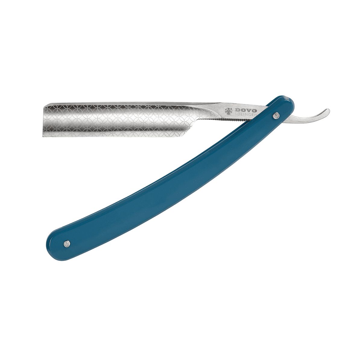 Scheermes met blauw handvat en zilveren lemmet. DOVO-logo zichtbaar. Detailweergave.