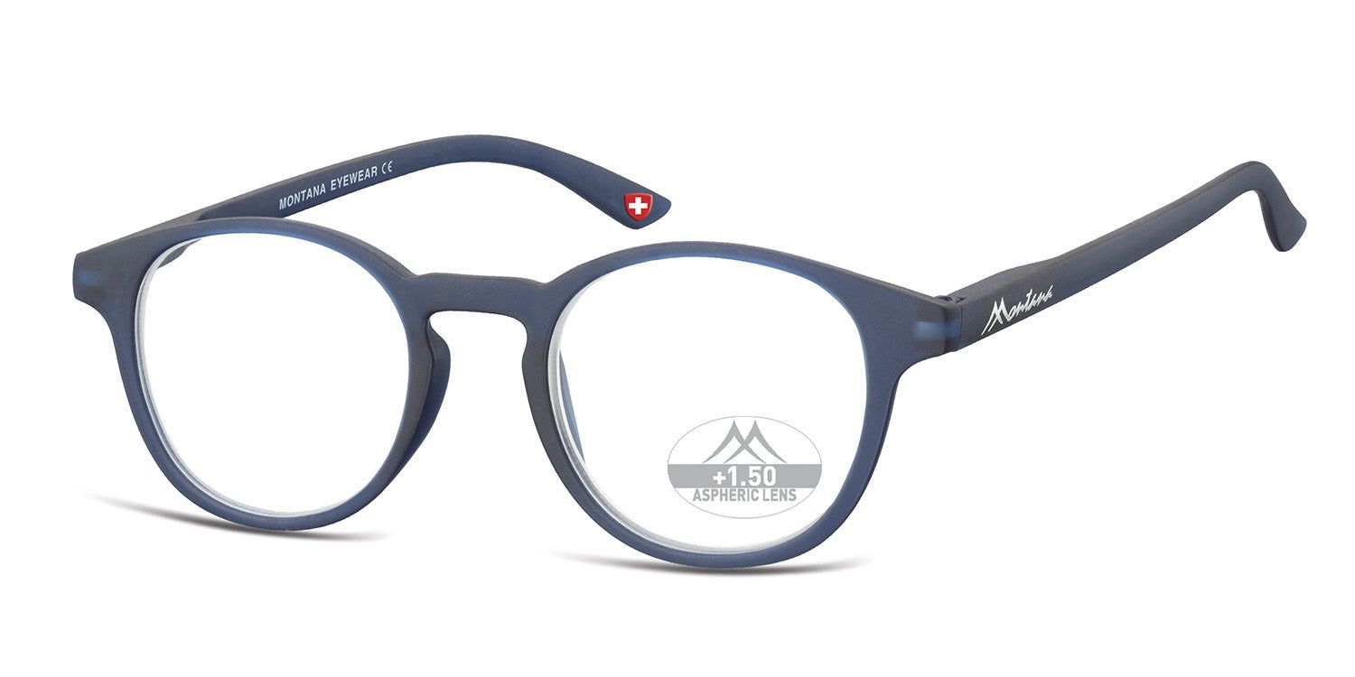 Lunettes bleues à monture ronde. +1.50 est inscrit sur le verre. Logo Montana Eyewear et croix suisse sur la branche.