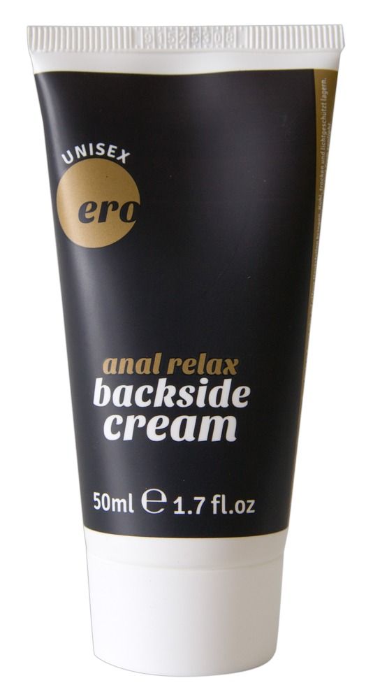 Zwarte tube met opschrift 'anal relax backside cream', 50ml.