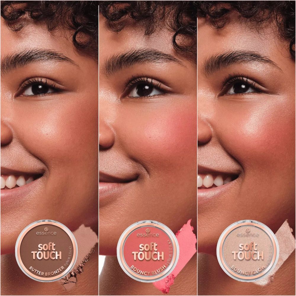 Trois femmes avec du blush sur les joues. À côté, l'emballage Essence Soft Touch.