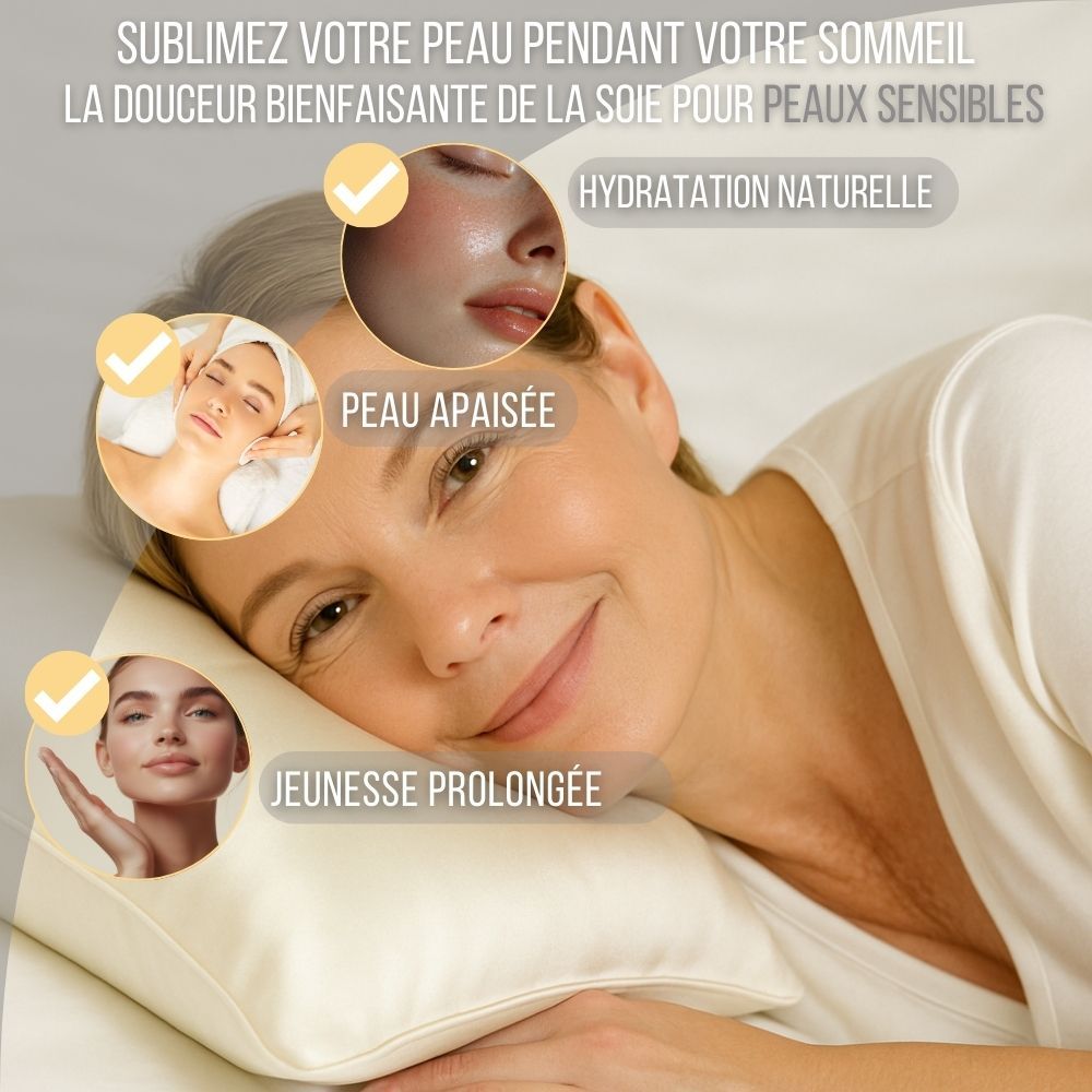 Oreiller avec texte et graphiques. Texte : « Découvrez le luxe pour votre peau et vos cheveux ». Taie d'oreiller en soie.