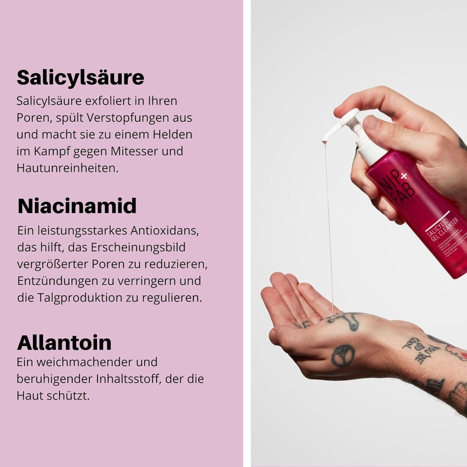 Mains tenant un flacon. Texte sur l'acide salicylique, la niacinamide et l'allantoïne.