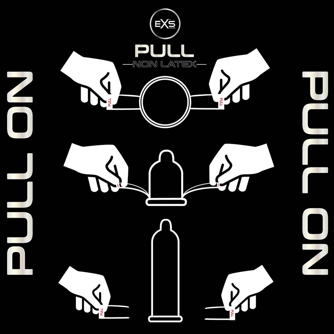 Afbeelding met witte handen die een condoom openen. Tekst: PULL -NON LATEX- en PULL ON.