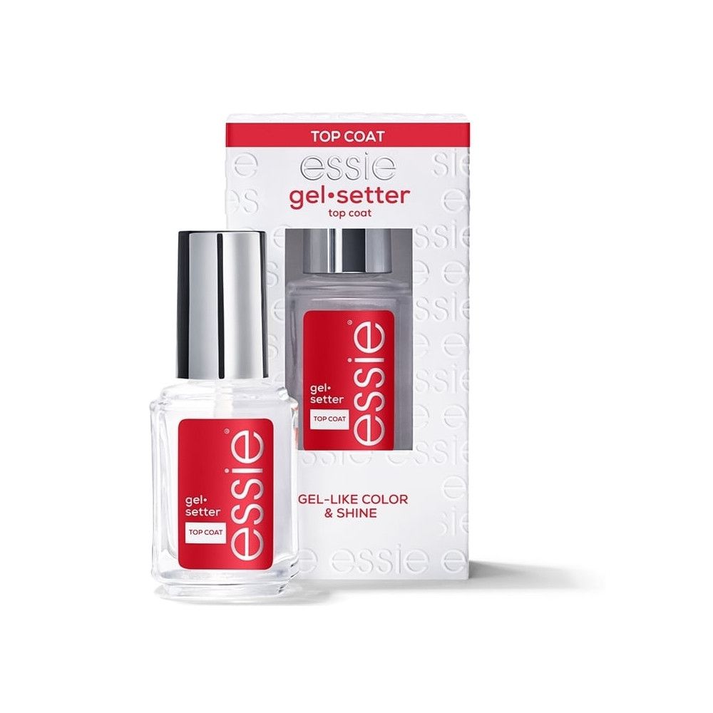 Essie Gel Setter Top Coat. Flacon et emballage. Étiquettes rouges avec texte blanc. Gel-Like Color & Shine.