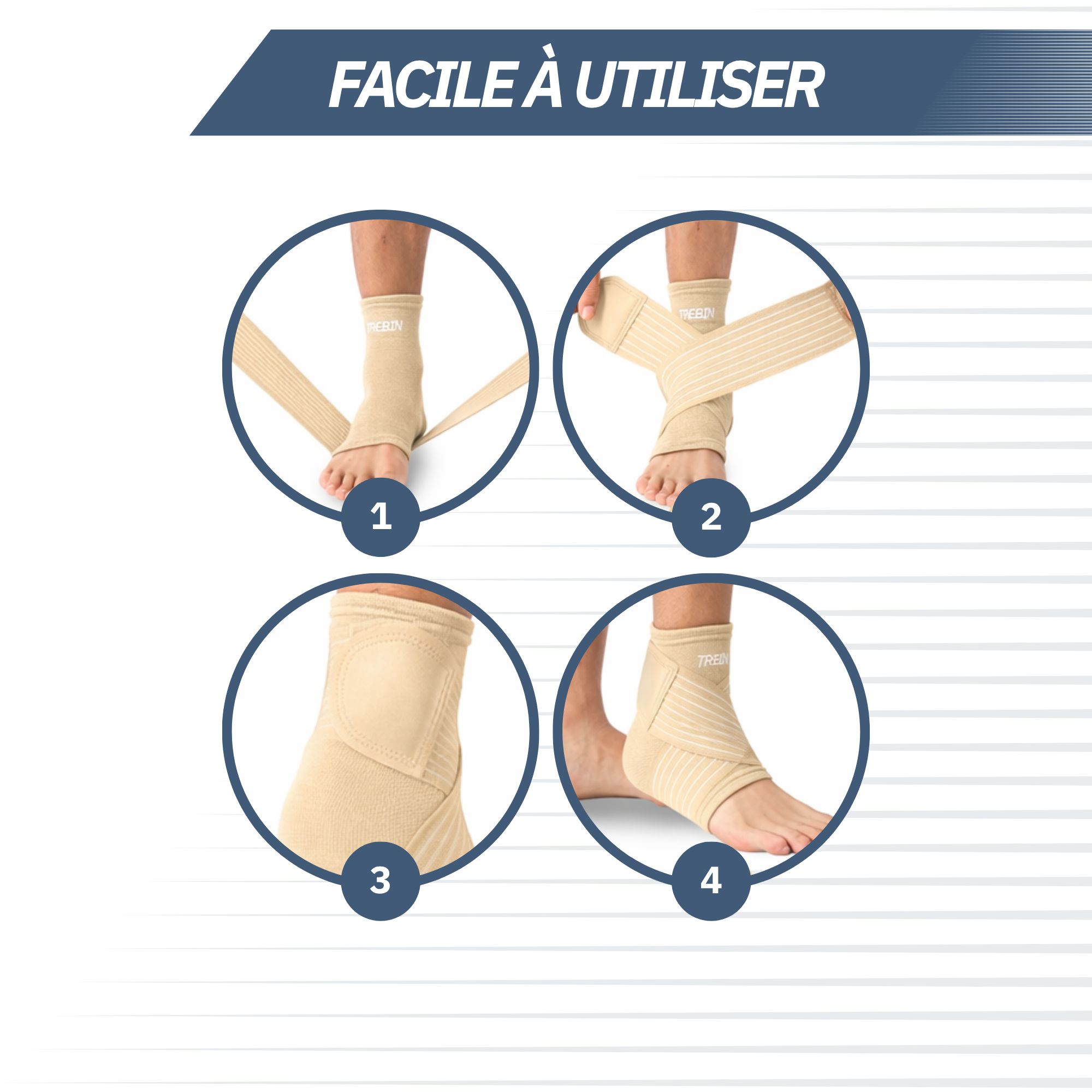Bandage de cheville beige avec tissu respirant et bande ajustable.