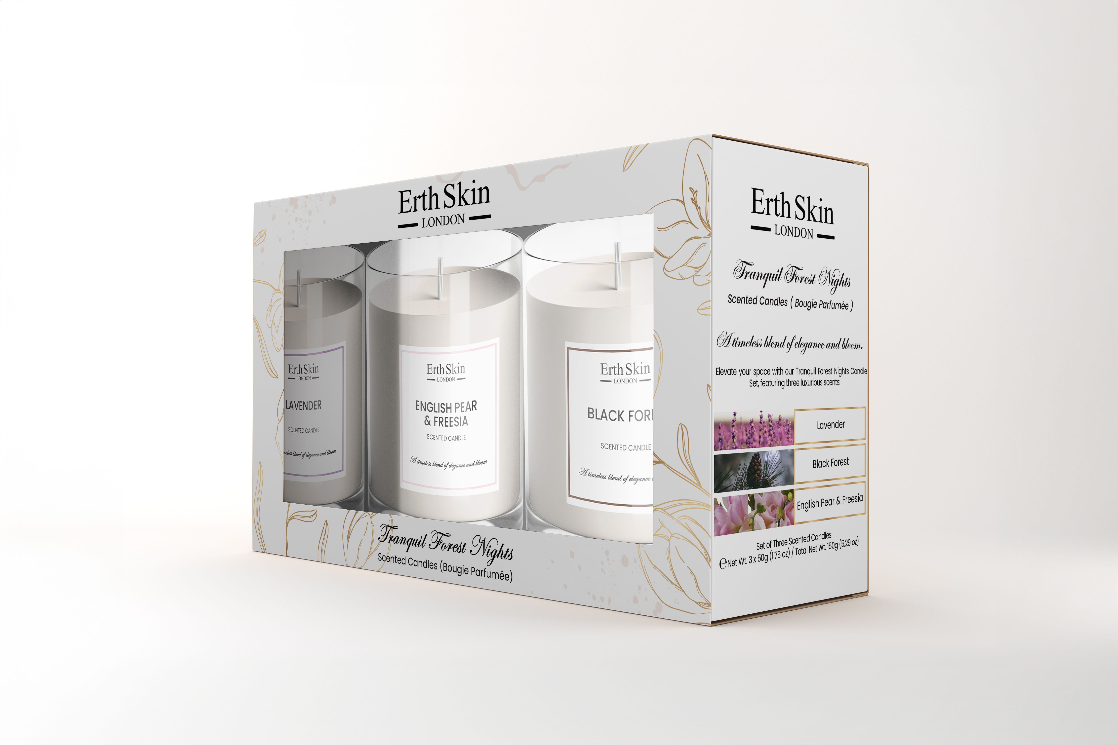 Geschenkverpakking met drie Erth Skin London kaarsen. Opschrift: "Tranquil Forest Nights". Labels: "English Pear & Freesia", "Lavender" en "Black Forest".