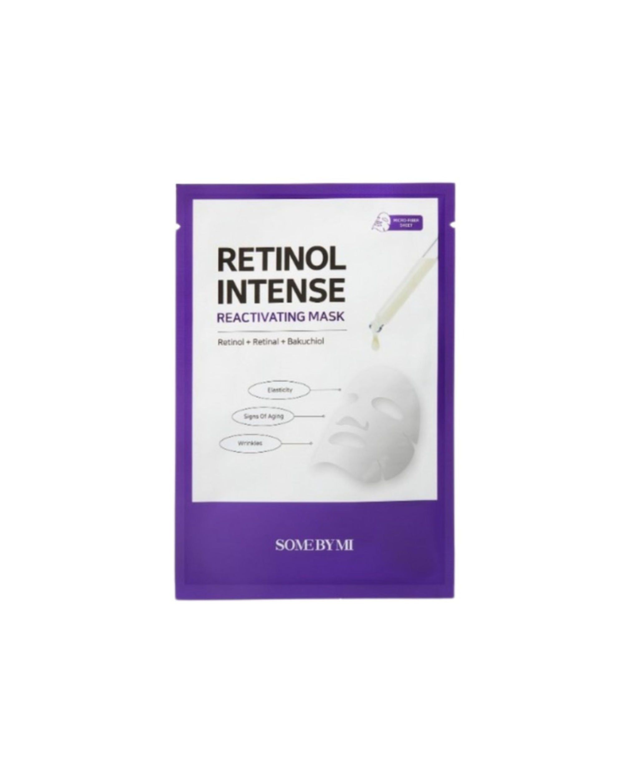 Emballage d'un masque facial au rétinol et au bakuchiol. Montre un masque et une pipette.