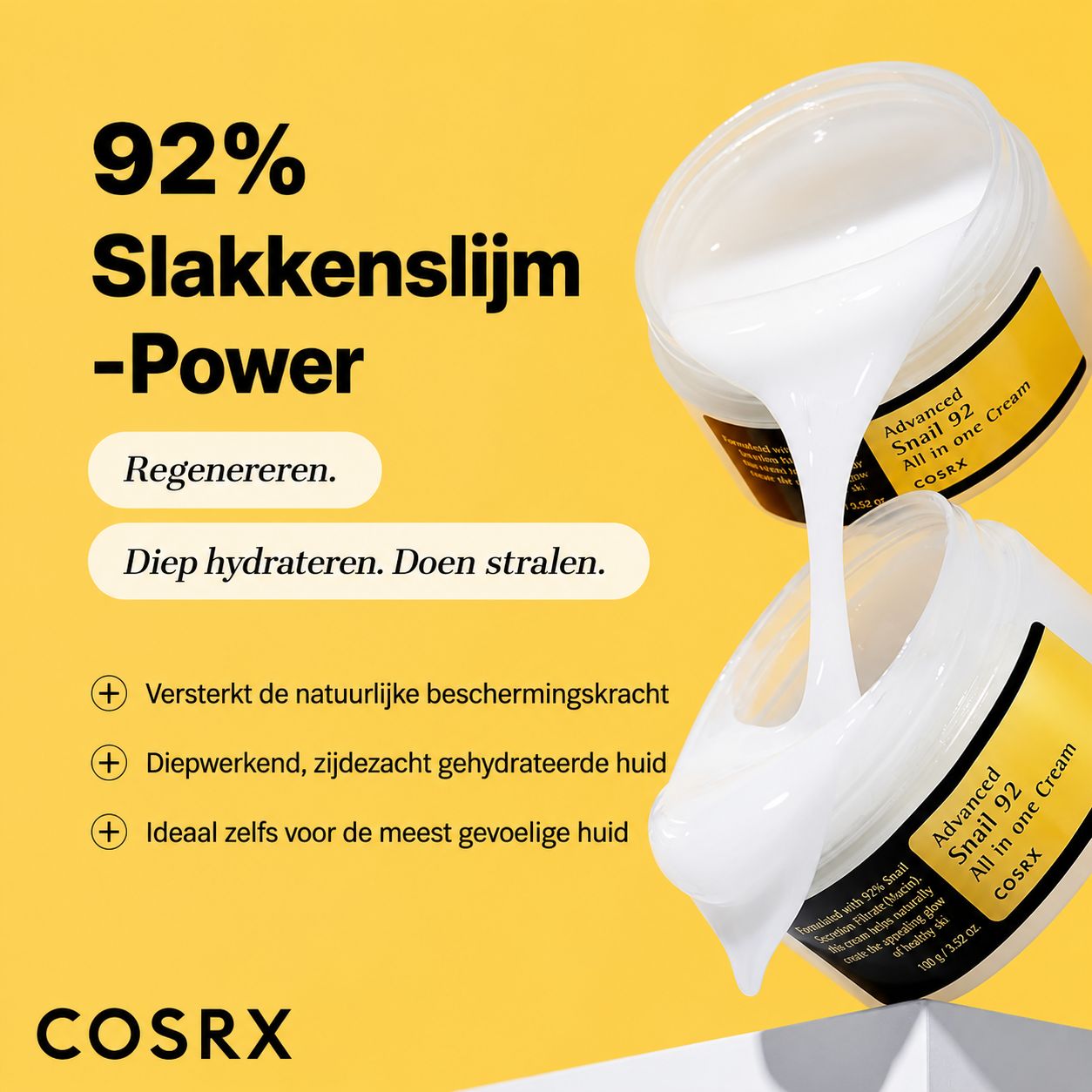COSRX slakkencrème met tekst over 92% slakkenkracht, regeneratie en hydratatie.
