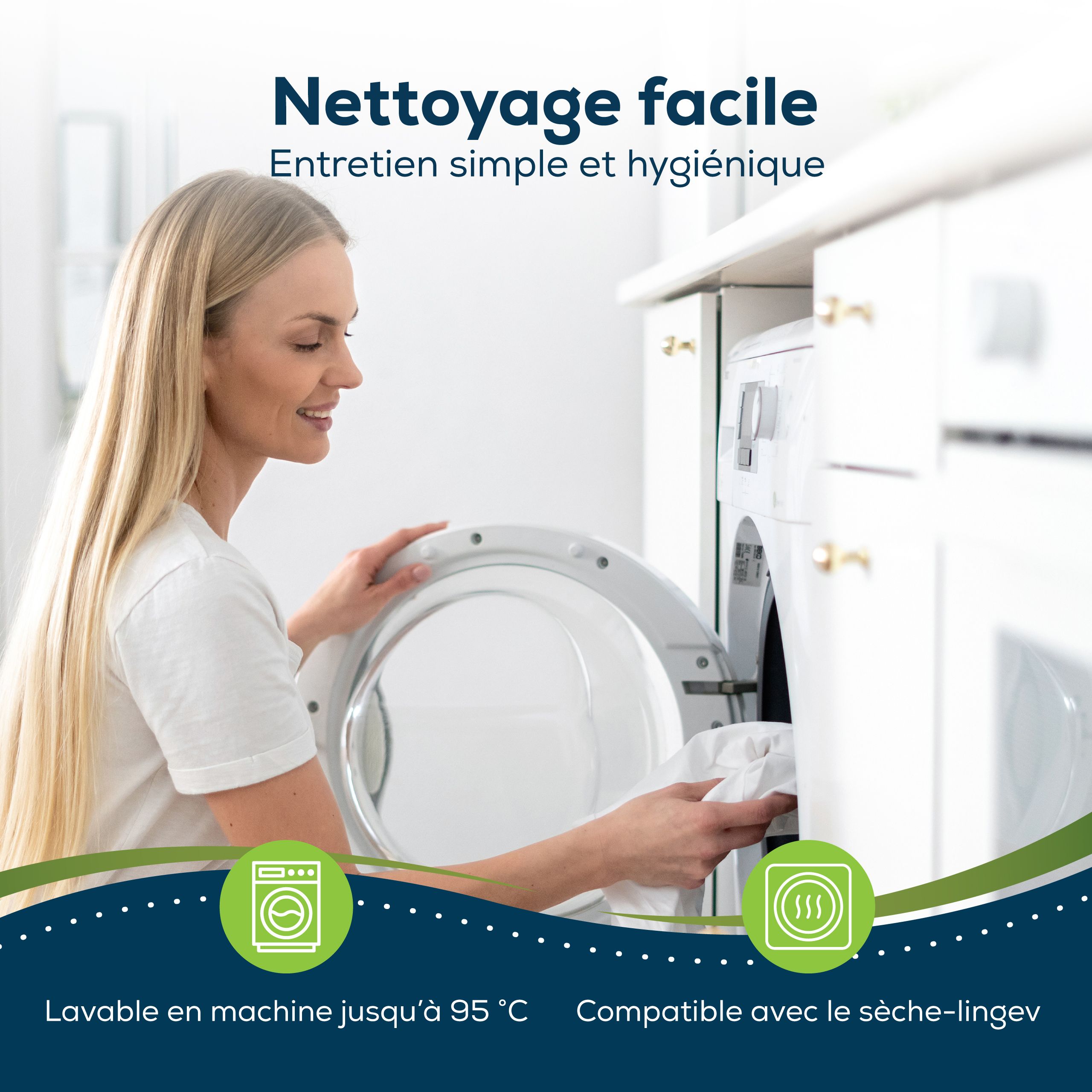 Femme mettant un protège-matelas blanc dans la machine à laver. Lavable à 95°C. Sèche-linge.